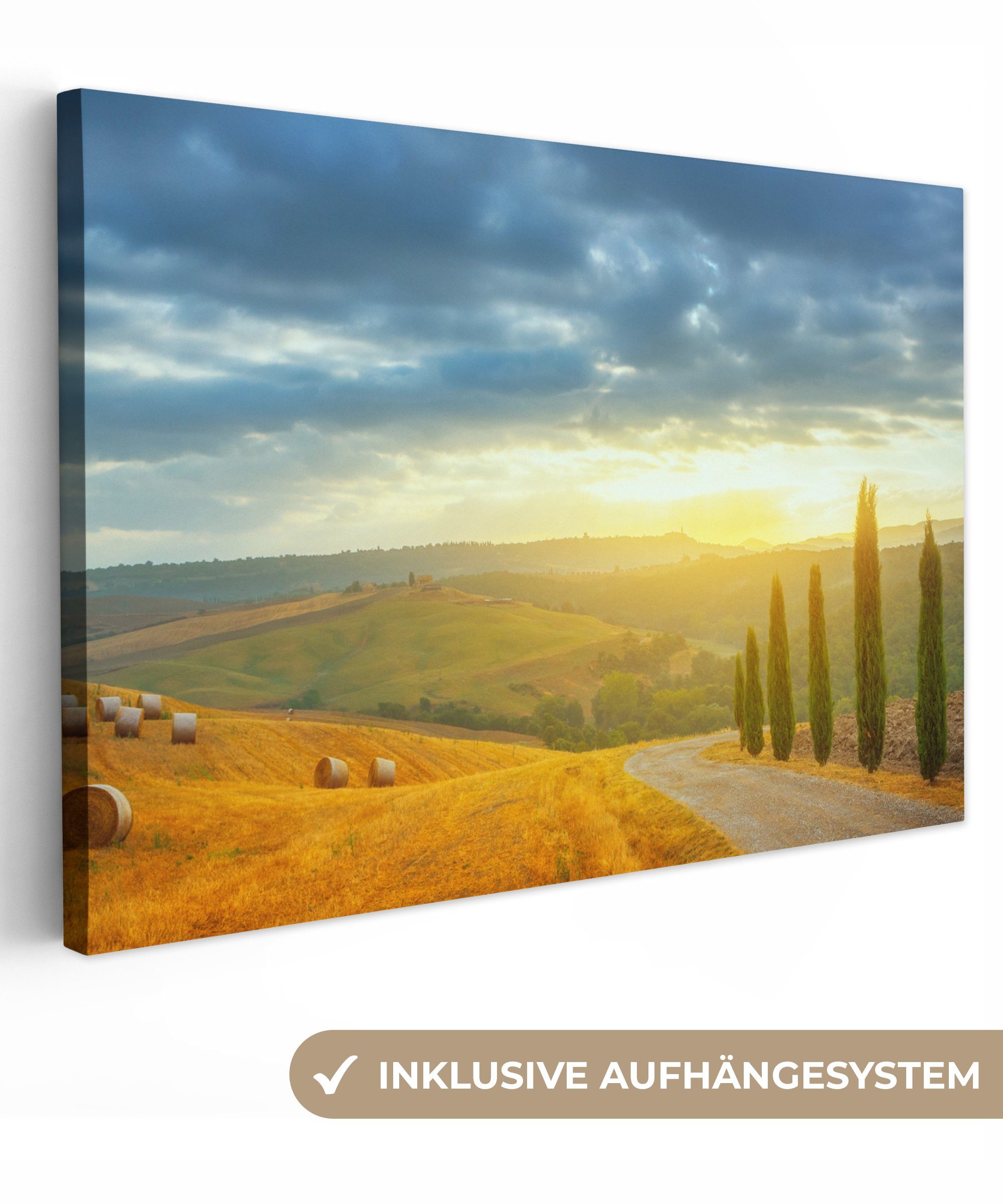 OneMillionCanvasses® Leinwandbild Toskana - Heuballen - Sonne, (1 St), Wandbild Leinwandbilder, Aufhängefertig, Wanddeko, 30x20 cm | Leinwandbilder