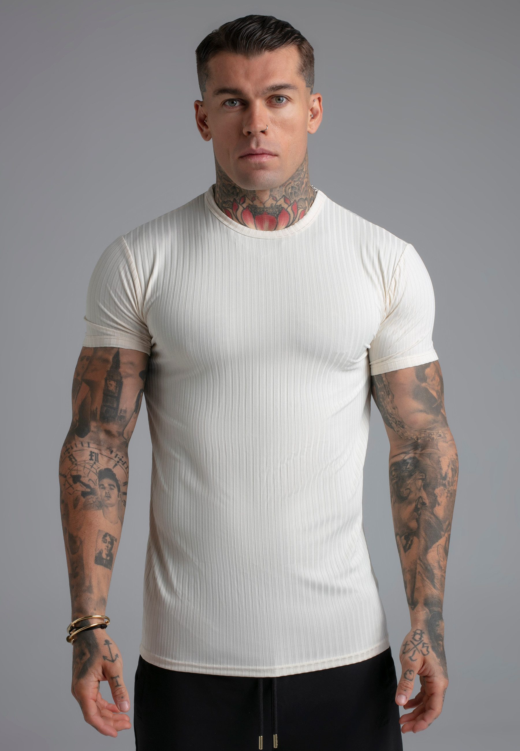 T-Shirt SikSilk Herren Ecru Muscle Fit T-Shirt