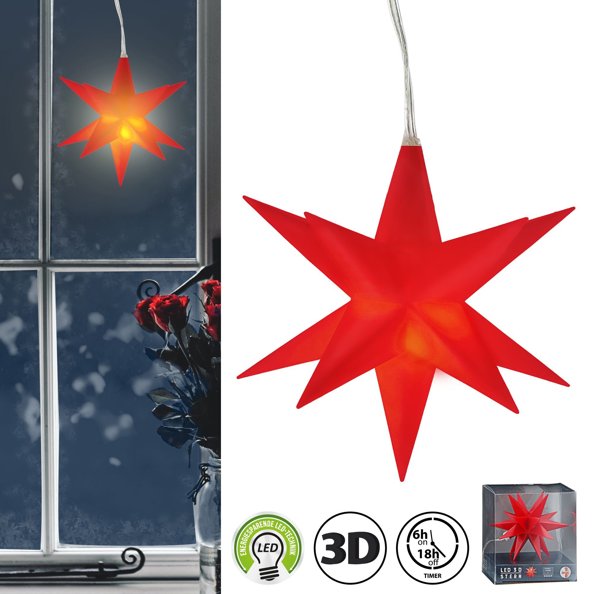 CEPEWA Dekostern Leuchtstern 3D Timer Weihnachtsstern Weihnachten rot