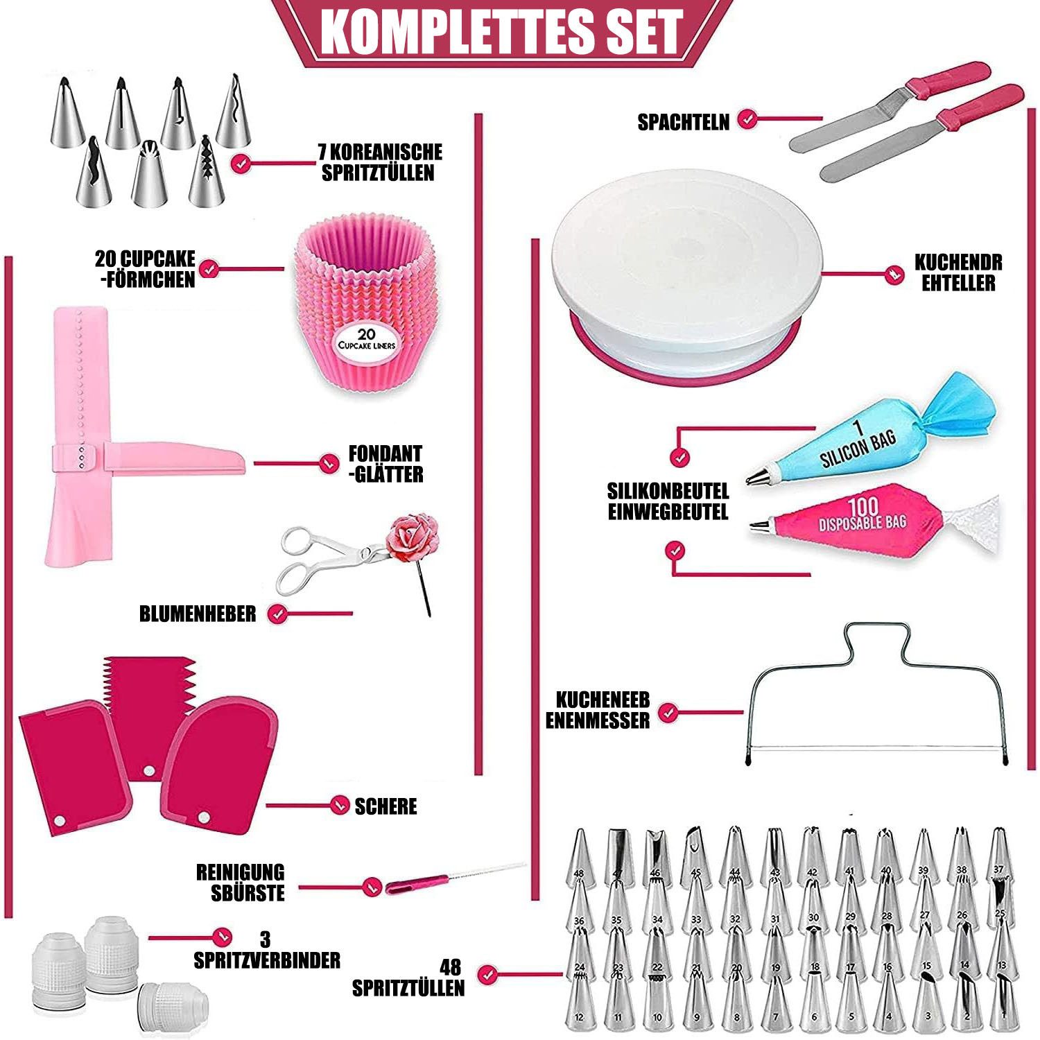 SURFOU Spritzbeutel 200 Stücke Torten Zubehör Set Tortenplatte Drehbar Backzubehör Set (Spatel Muffinförmchen) mit Tortendrehscheibe und Spritztüllen Spritzbeutel Abgewinkelter