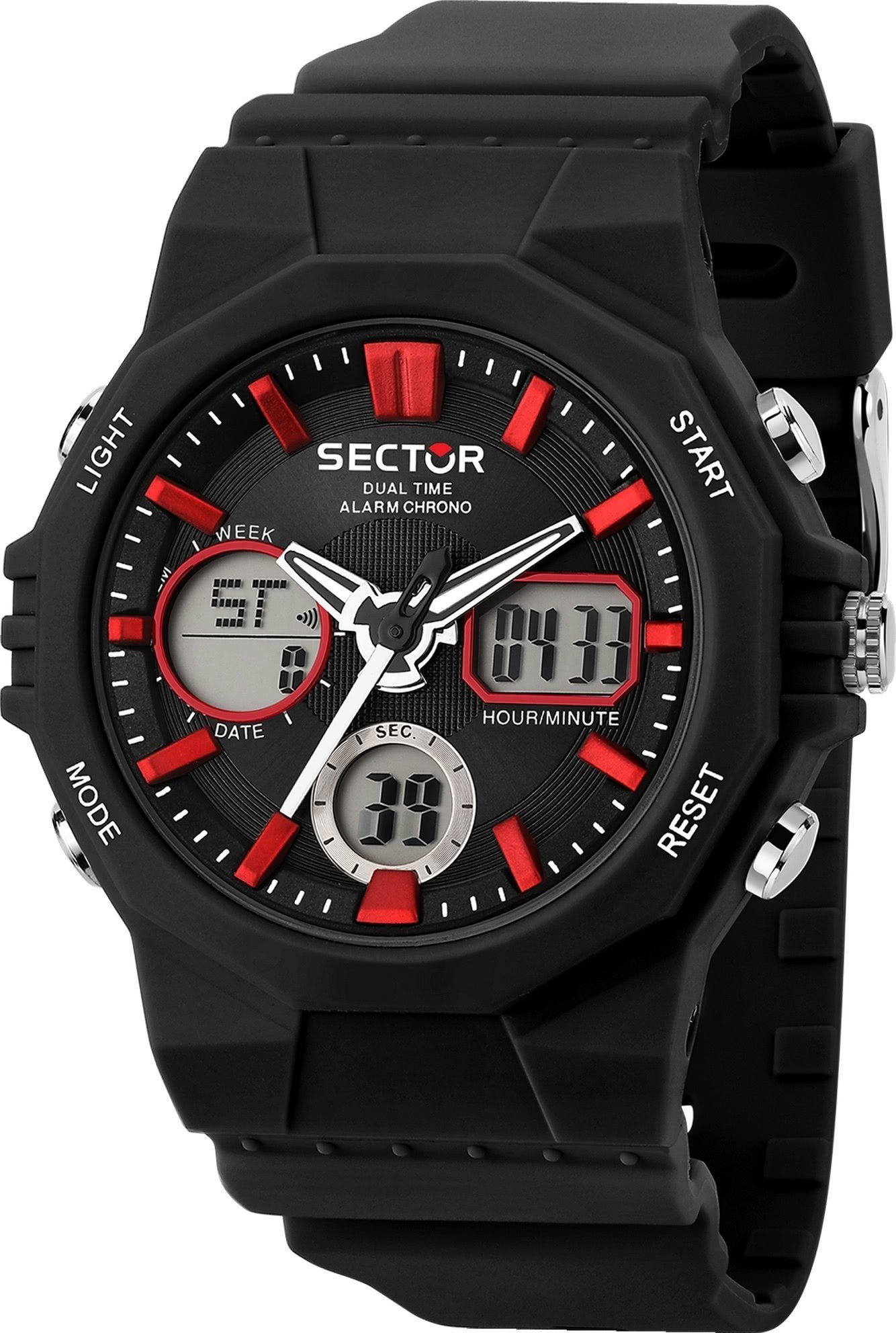 Sector Digitaluhr Sector Herren Armbanduhr Digital, (Digitaluhr), Herren Armbanduhr rund, groß (ca. 46mm), PURarmband schwarz, Casual