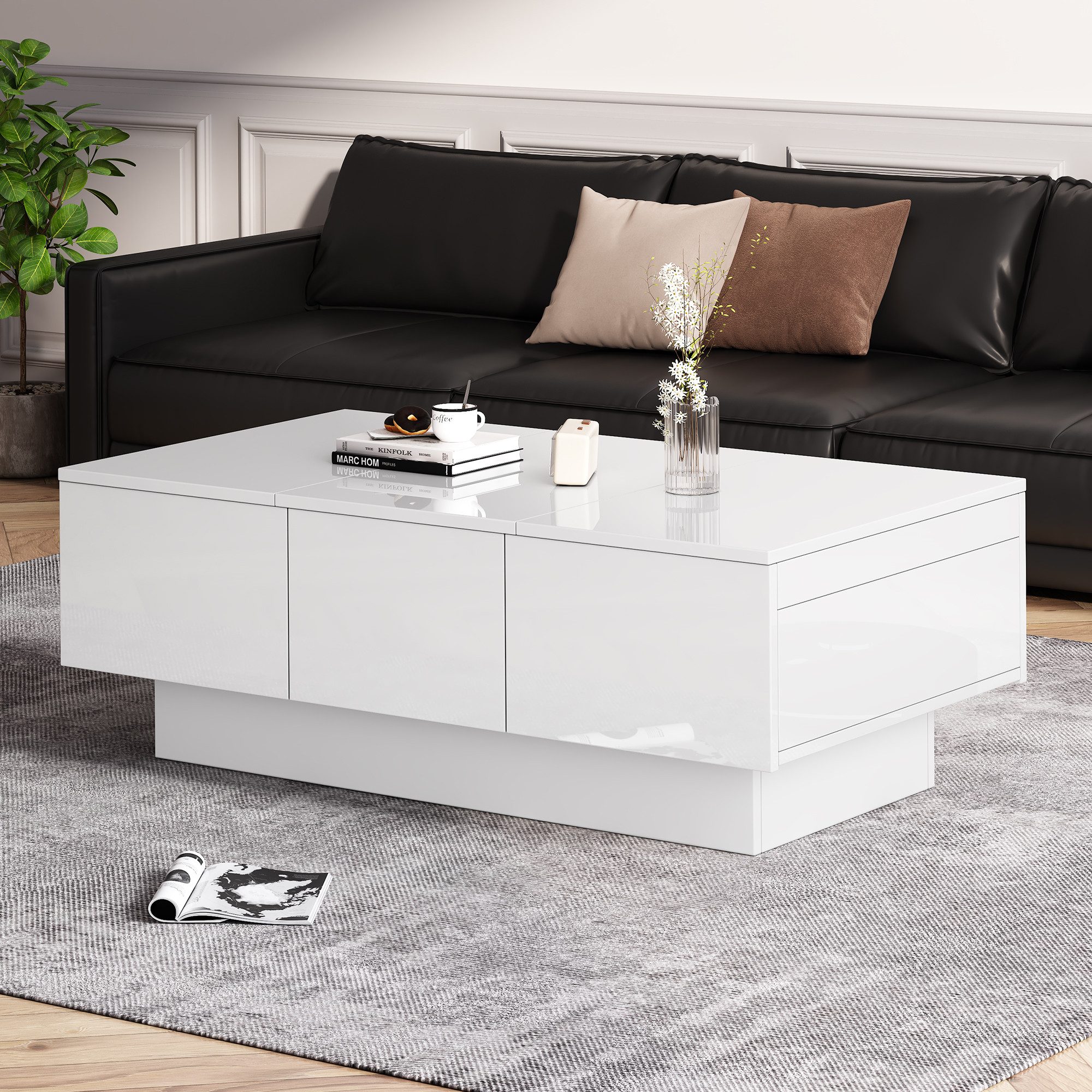 REDOM Couchtisch Weiß Hochglanz Stauraumtisch Wohnzimmertisch günstig online kaufen
