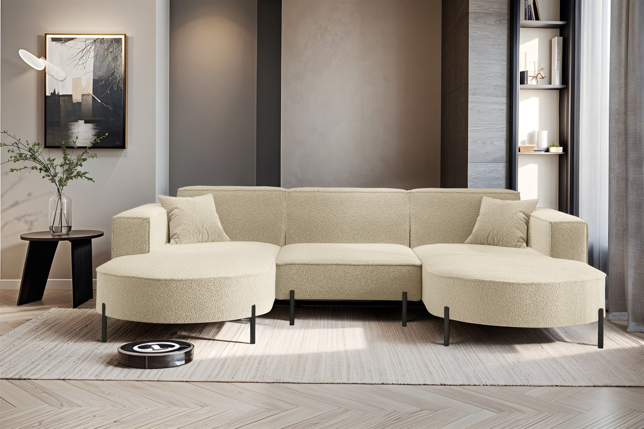 Fun Möbel Wohnlandschaft Sofa U-Form VALENCIA in Stoff, Für Saugroboter geeignet