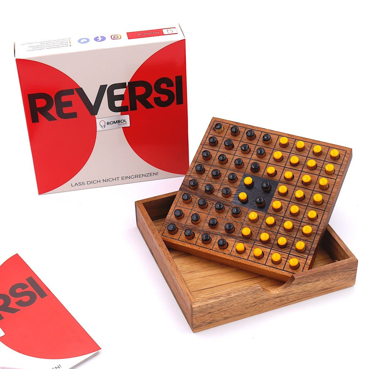 ROMBOL Denkspiele Spiel, Brettspiel Reversi – Interessantes Strategiespiel für 2 Personen aus edlem Holz, Holzspiel gelb/schwarz