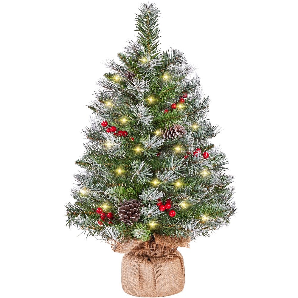 Yaheetech Künstlicher Weihnachtsbaum 61/92 cm (H), Tannenbaum mit Roten Beeren & LED-Lichtern & Tannenzapfen