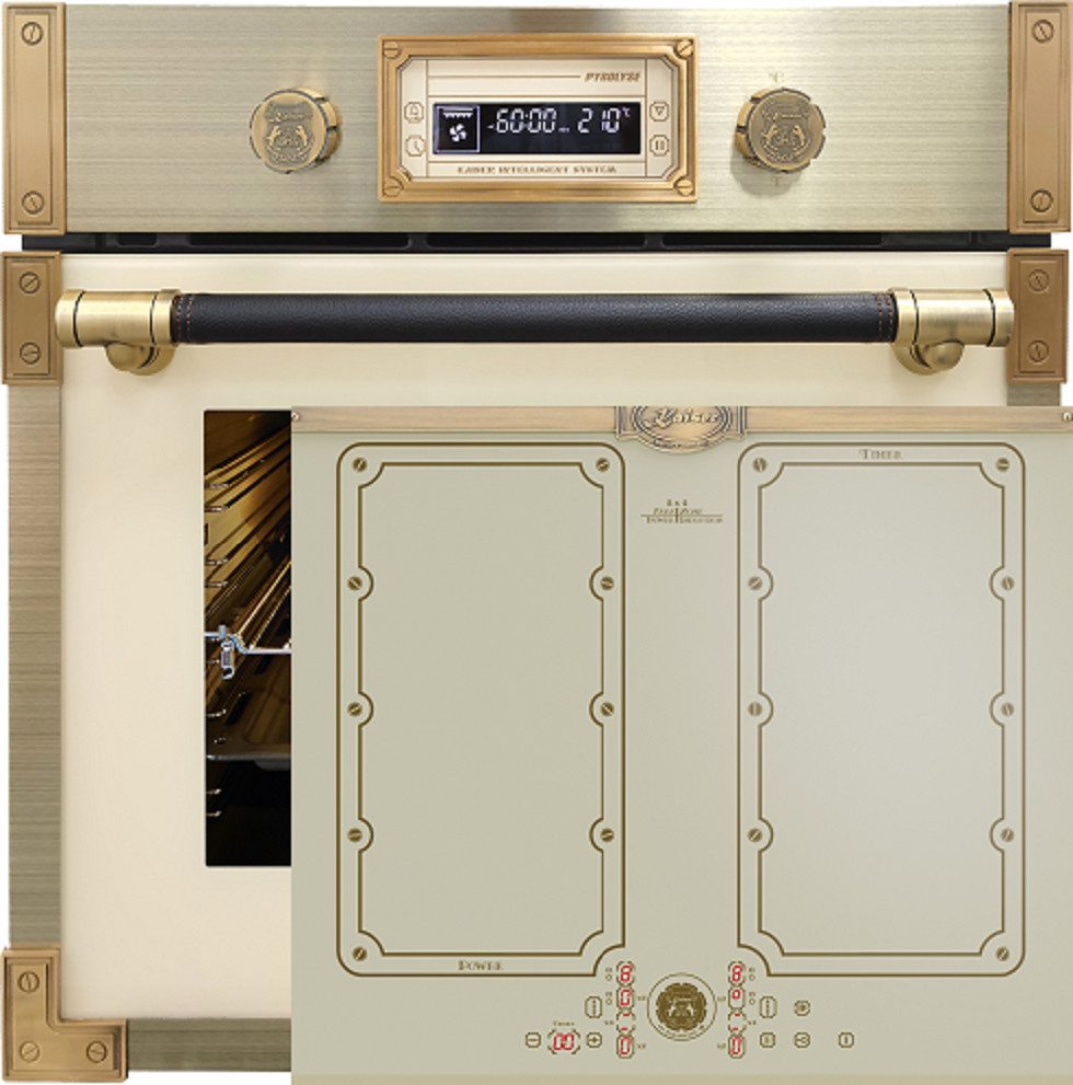 Kaiser Küchengeräte Backofen-Set Herd Set Autark Retro Pyrolyse Einbau Backofen 73L Elfebeinfarbiges Glas 60 cm mit Induktionskochfeld 60 cm FREE ZONE mit 2 FLEX Induktions-Zonen EH 6427 ElfAD+KCT 6192 FI ElfEm, mit 1-fach-Teleskopauszug