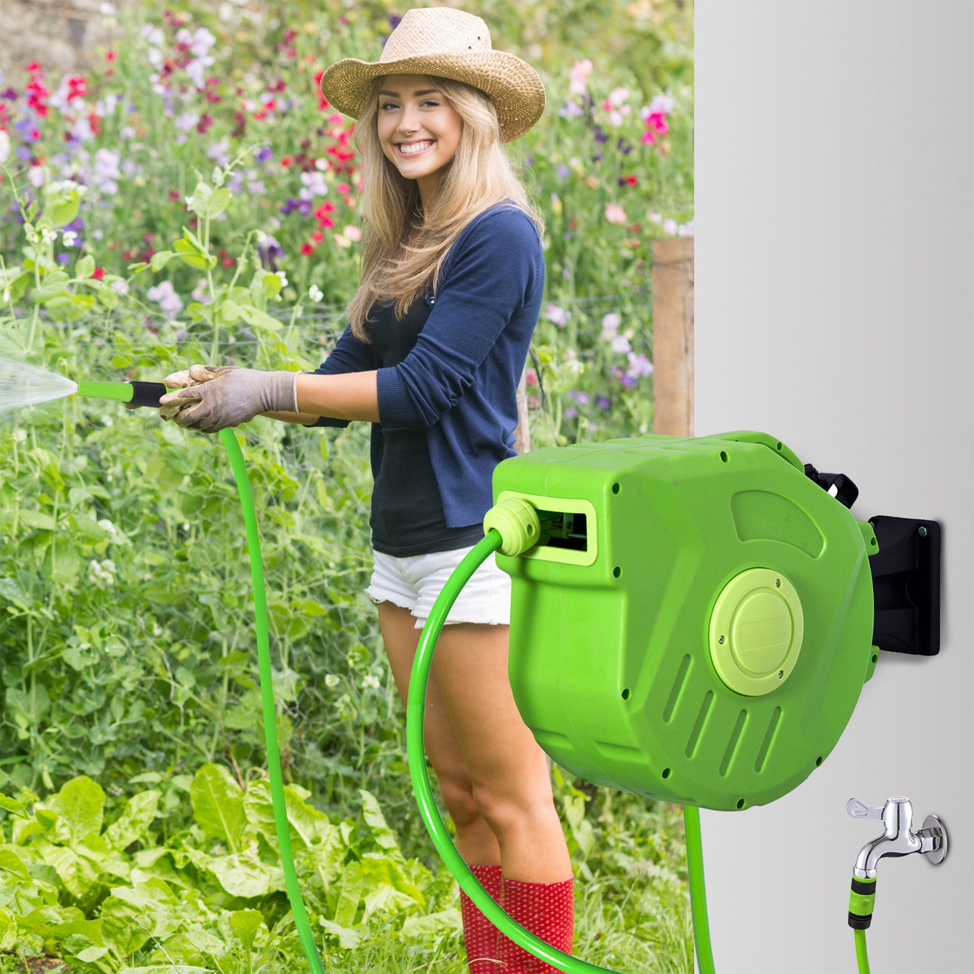 Outsunny Schlauchtrommel Automatik, (Wasserschlauch-Tromme, 1-tlg., Schlauchaufroller), für Garten, Balkon, Grün