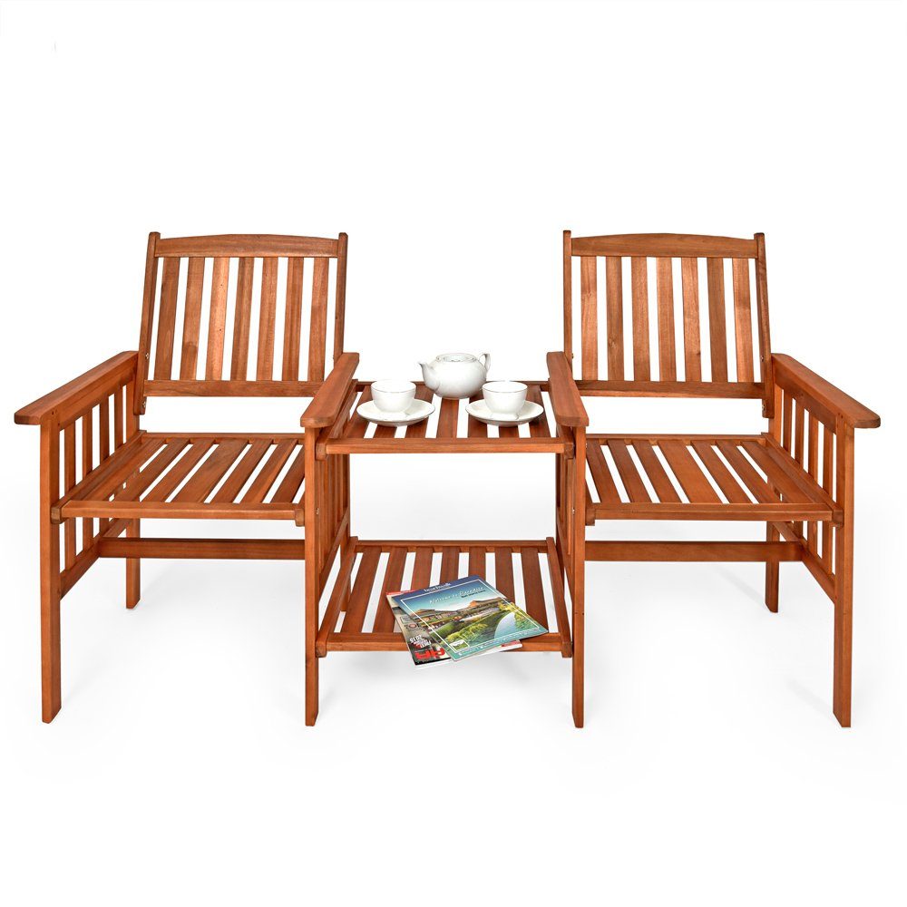 Casaria Bank Tete a Tete, Gartenbank 2-Sitzer Akazienholz inkl. Tisch & Ablage outdoor indoor