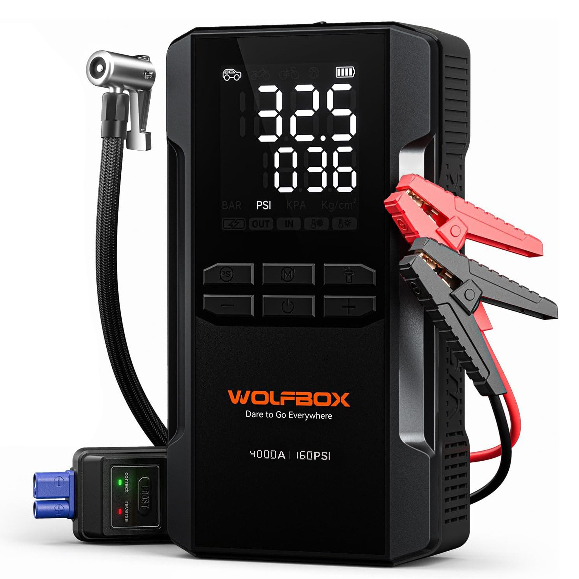 WOLFBOX WOLFBOX 4000A Starthilfe mit 160 PSI Kompressor Starthilfegerät (12 V, 1 St), 12 V Batterie-Booster, 10L Benzin/10L Diesel