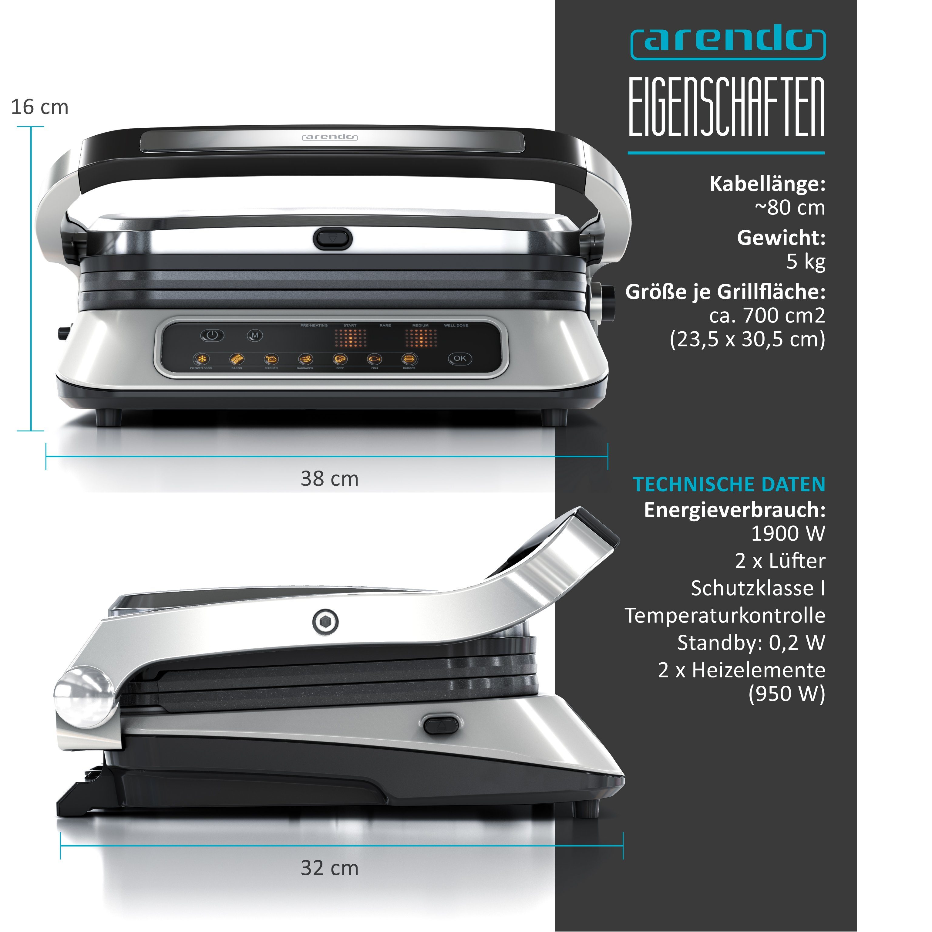 Arendo Kontaktgrill Elektrogrill, elektrischer Tischgrill, Sandwichmaker, 1900 W, Multi Grill mit Digitalsteuerung, Panini Grill, abnehmbare Platten