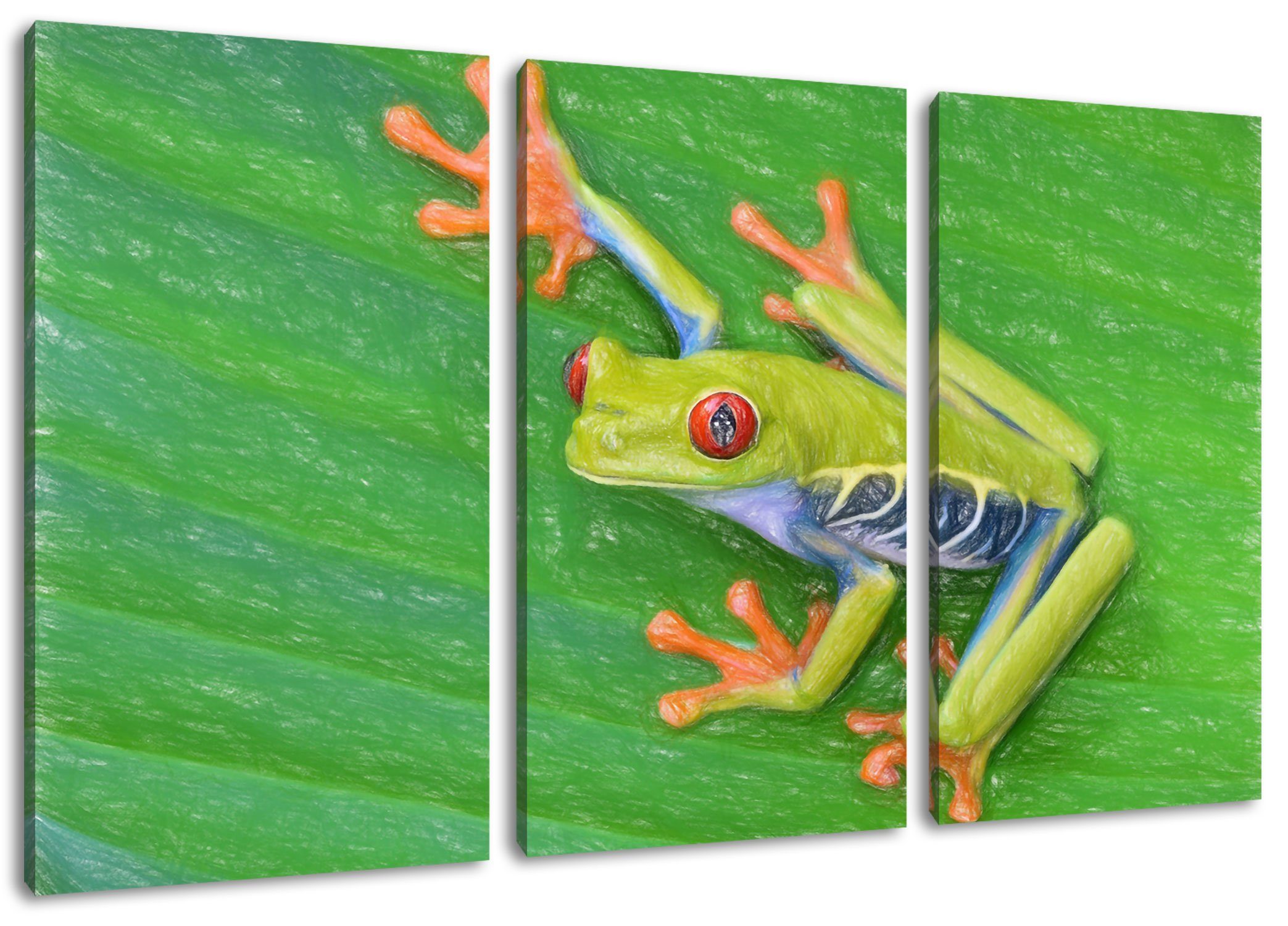 Pixxprint Leinwandbild kleiner Frosch auf Blatt, kleiner Frosch auf Blatt 3Teiler (120x80cm) (1 St), Leinwandbild fertig bespannt, inkl. Zackenaufhänger