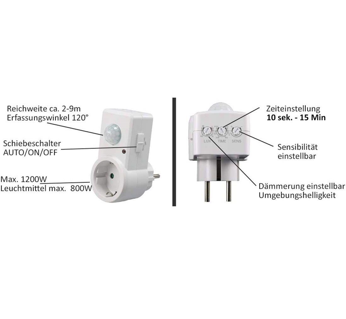 ChiliTec Bewegungsmelder ChiliTec Steckdose mit Bewegungsmelder 120° 9m Reichweite 1200W 230V