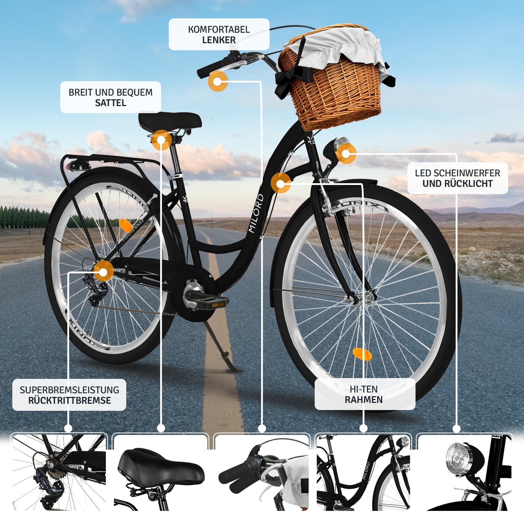 Milord Cityrad Milord Komfort City Fahrrad Korb Damenfahrrad, 28/26 Zoll, 3-Gang, 3 Gang, (Fahrradständer, Gepäckträger, Klingel, Korb, Kotflügel)