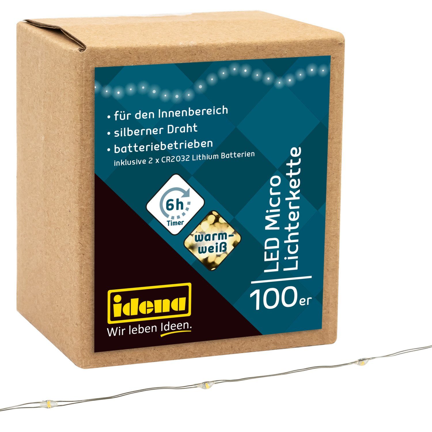 Idena LED-Lichterkette Idena 30185 - LED Micro Lichterkette mit 100 LEDs in Warmweiß, 6 Stund