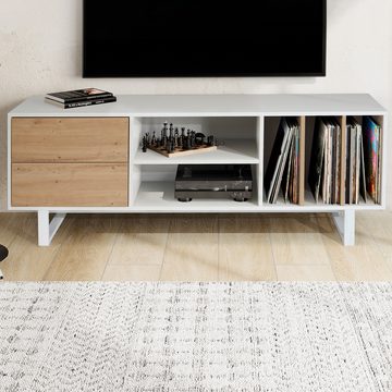 Wohnling Lowboard WL6.812 (Weiß / Eiche-Dekor, 150x55x40 cm, zwei Schubladen), TV-Kommode Hoch, TV-Schrank Modern Fernsehtisch