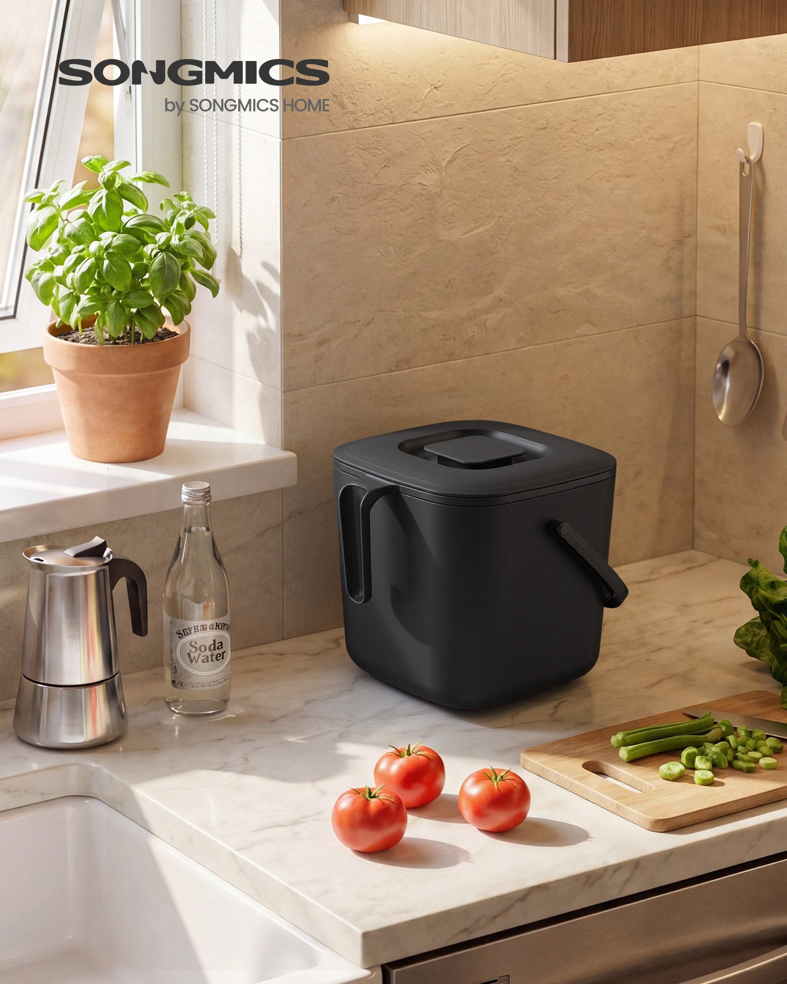 SONGMICS Biomülleimer Biomülleimer mit Deckel und Griff, 4L,7L, Geruchsdichter Komposteimer mit Abtropfkorb