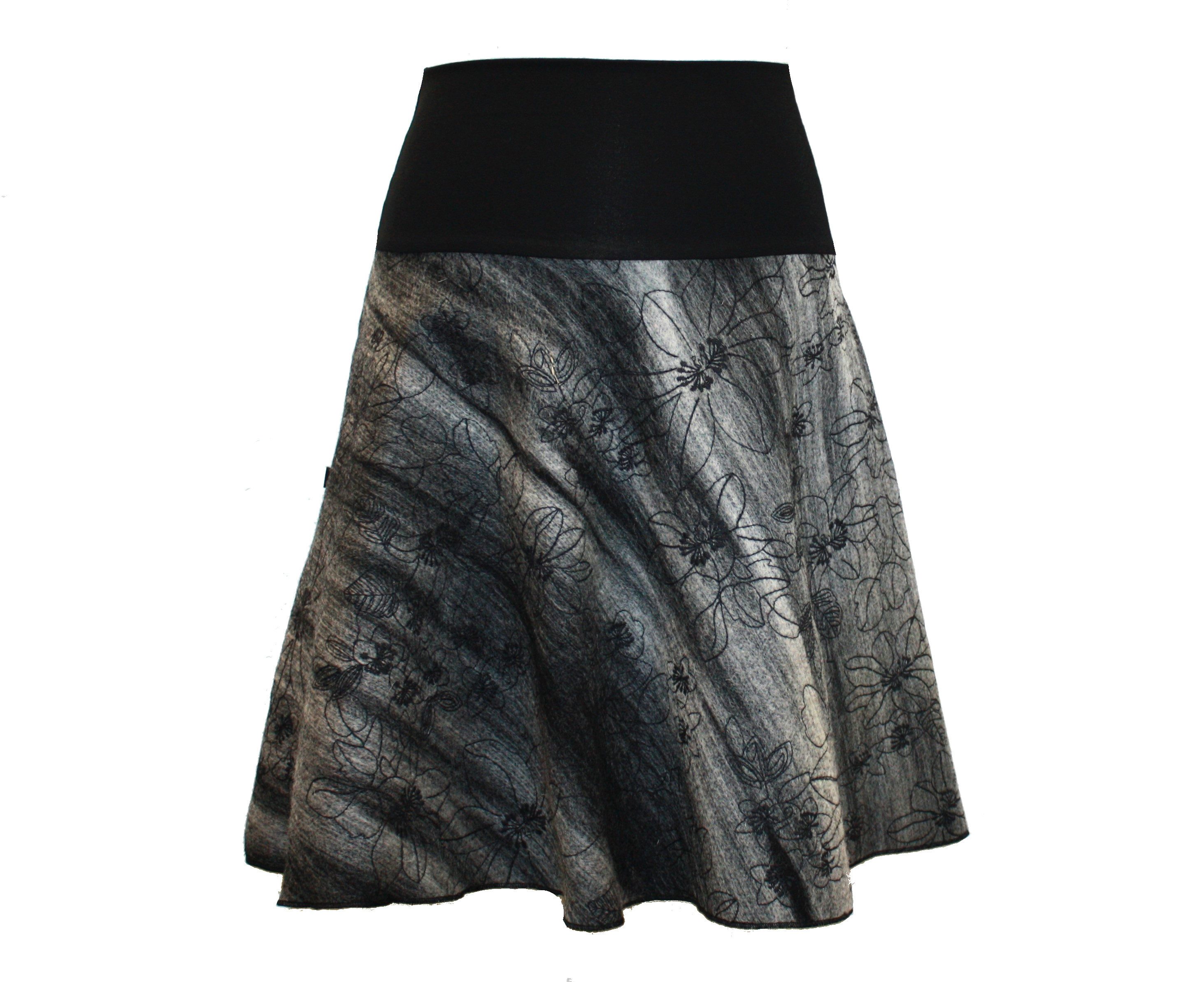 dunkle design A-Linien-Rock Wolle Grau bestickt 57cm elastischer Bund