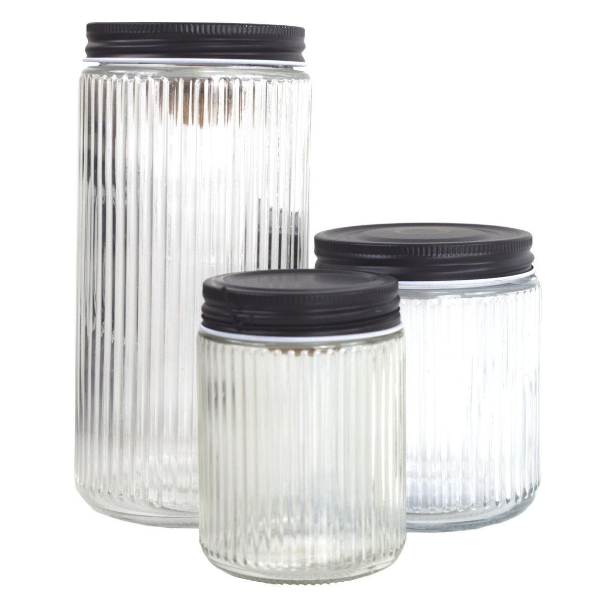Marabellas Shop Vorratsglas Glas mit Deckel 3er-Set in Schwarz Vorratsgläser Set gestreift, Glas, Metall, gestreifte Glas-Optik
