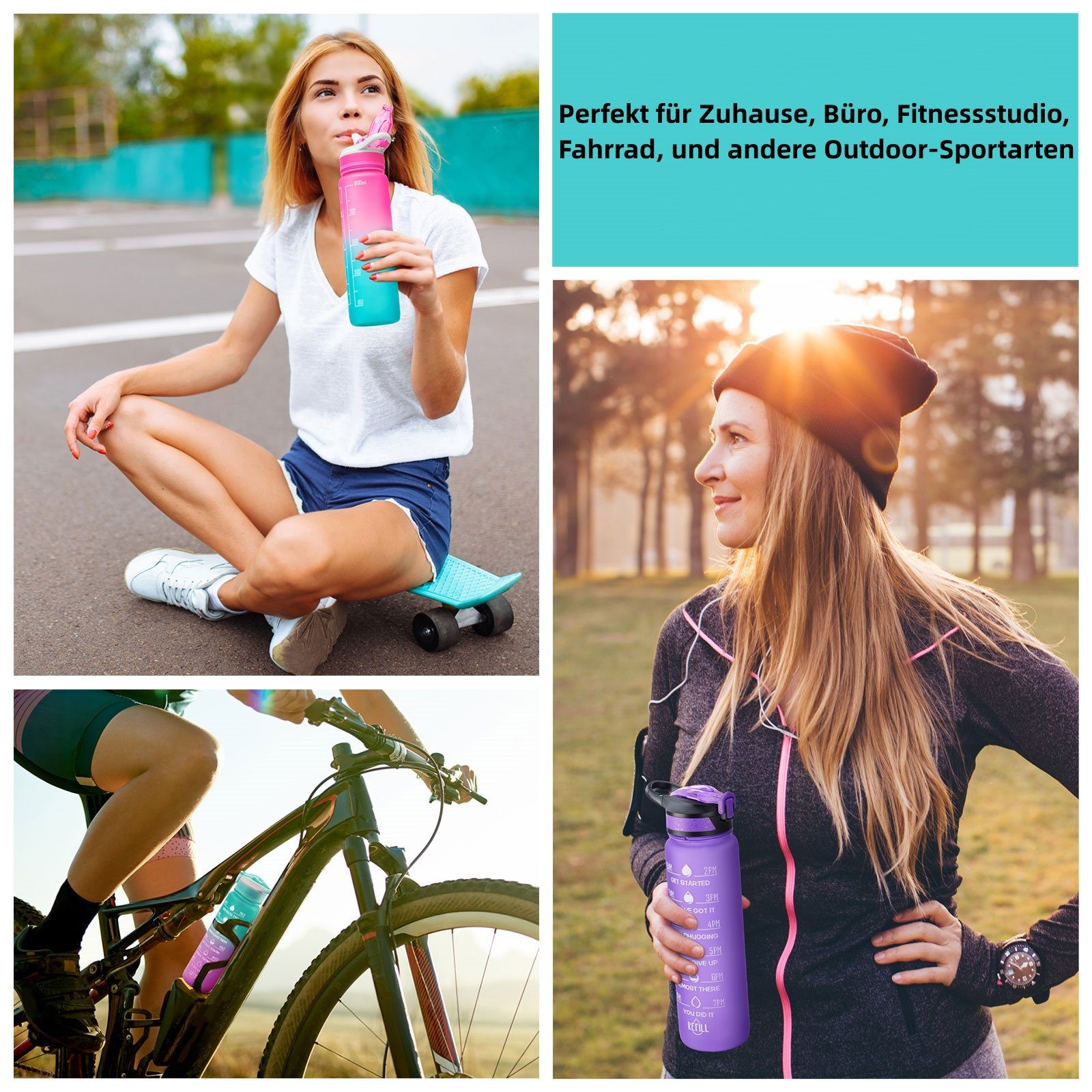 WISHDOR Trinkflasche Sport 1L, Wandern 1 Pink Zeitmarkierung Wasserflasche Strohhalm Fahrrad Auslaufsicher Outdoor Liter Fitness Sportflasche und BPA-Frei Camping