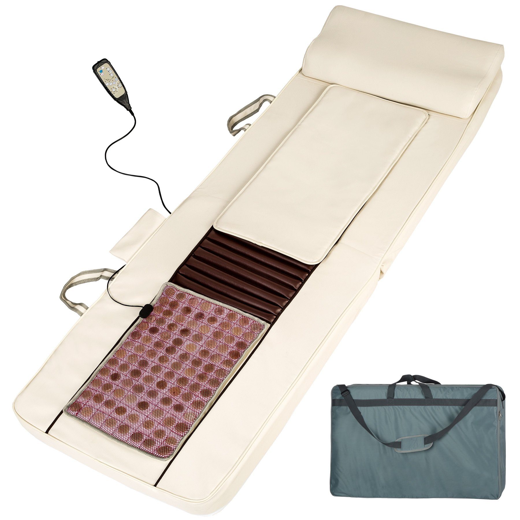 tectake Akupressurmatte Shiatsu-Massagematratze mit Jadestein-Wärmematte (3er Set, Massagematte, Fernbedienung, Netzteil, Heizmatte, Rückenauflage,Tasche)