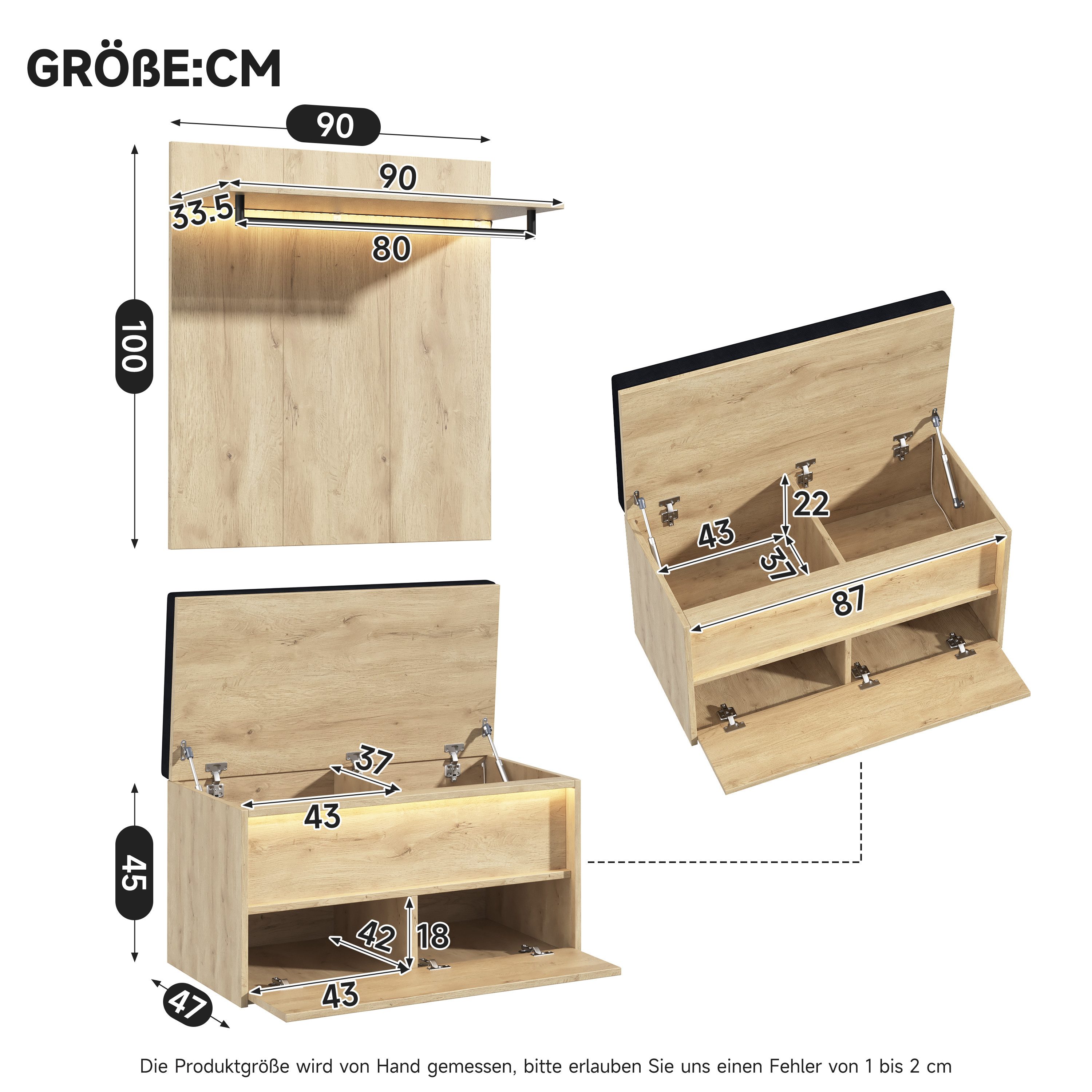 Flieks Garderoben-Set Holzoptik Wandgarderobe, Schuhbank mit Sitzissen, Kleiderständer, (Kompaktgarderobe mit LED-Beleuchtung, 2-St., 90x47x145 cm), Sitzbank mi – Bild 5 von 5