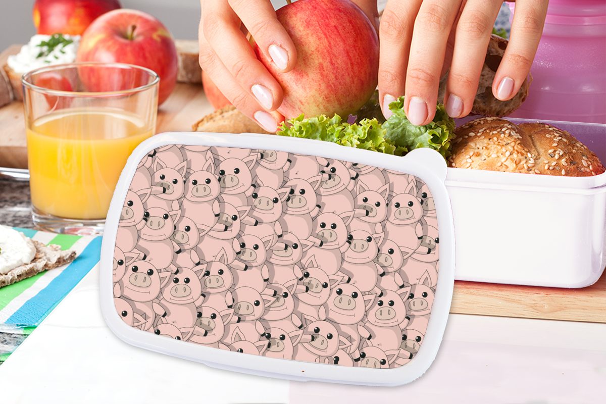 MuchoWow Lunchbox Schweine - Brotbox Erwachsene, (2-tlg), Mädchen Muster, weiß Kunststoff, und - Brotdose, Jungs Tiere - Kinder Rosa für für und