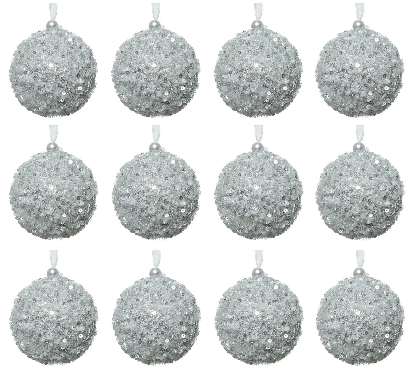 Decoris season decorations Weihnachtsbaumkugel, Weihnachtskugeln Kunststoff 8cm Pailletten / Glitzer 12er Set - Silber