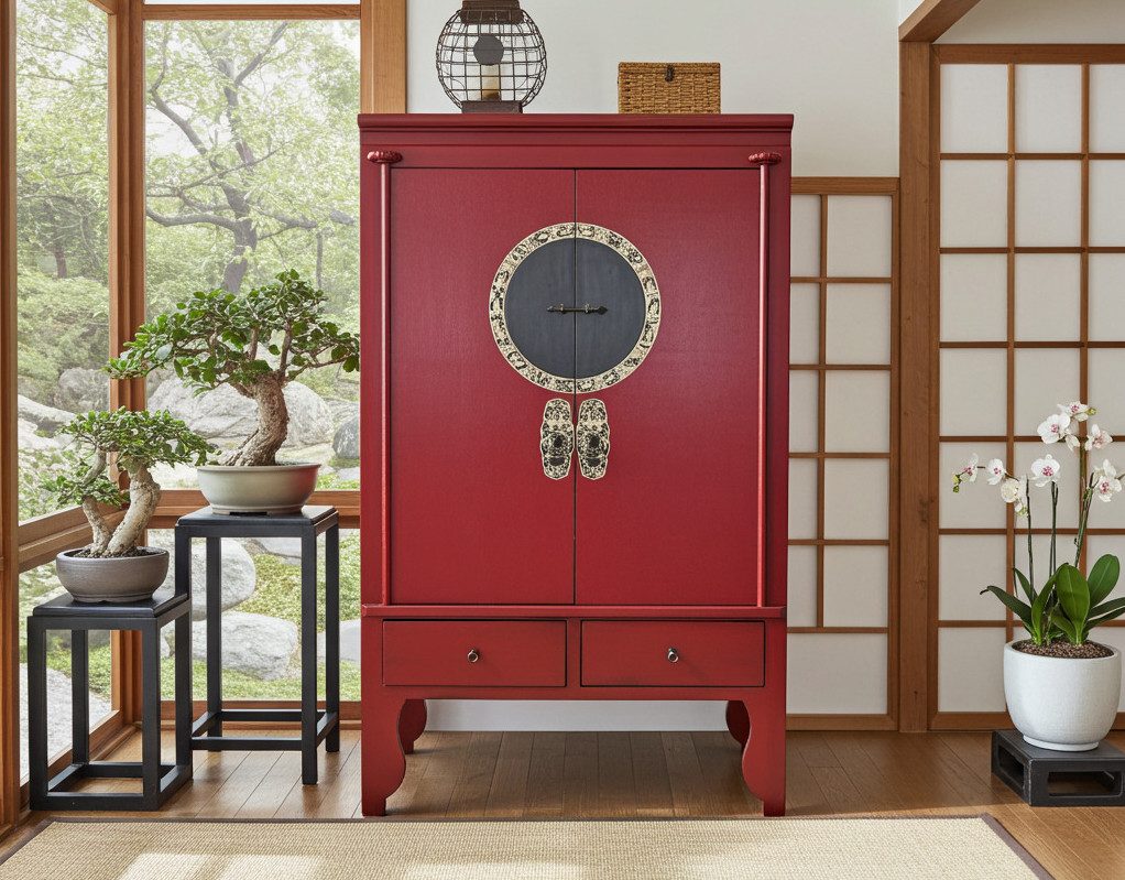 OPIUM OUTLET Kleiderschrank Chinesischer Hochzeitsschrank im Vintage-Stil (Breite x Tiefe x Höhe 105 x 55 x 175 cm, orientalischer Schrank Kommode, Asia Möbel komplett montiert Holz Landhaus-Stil shabby-chic) asiatisch