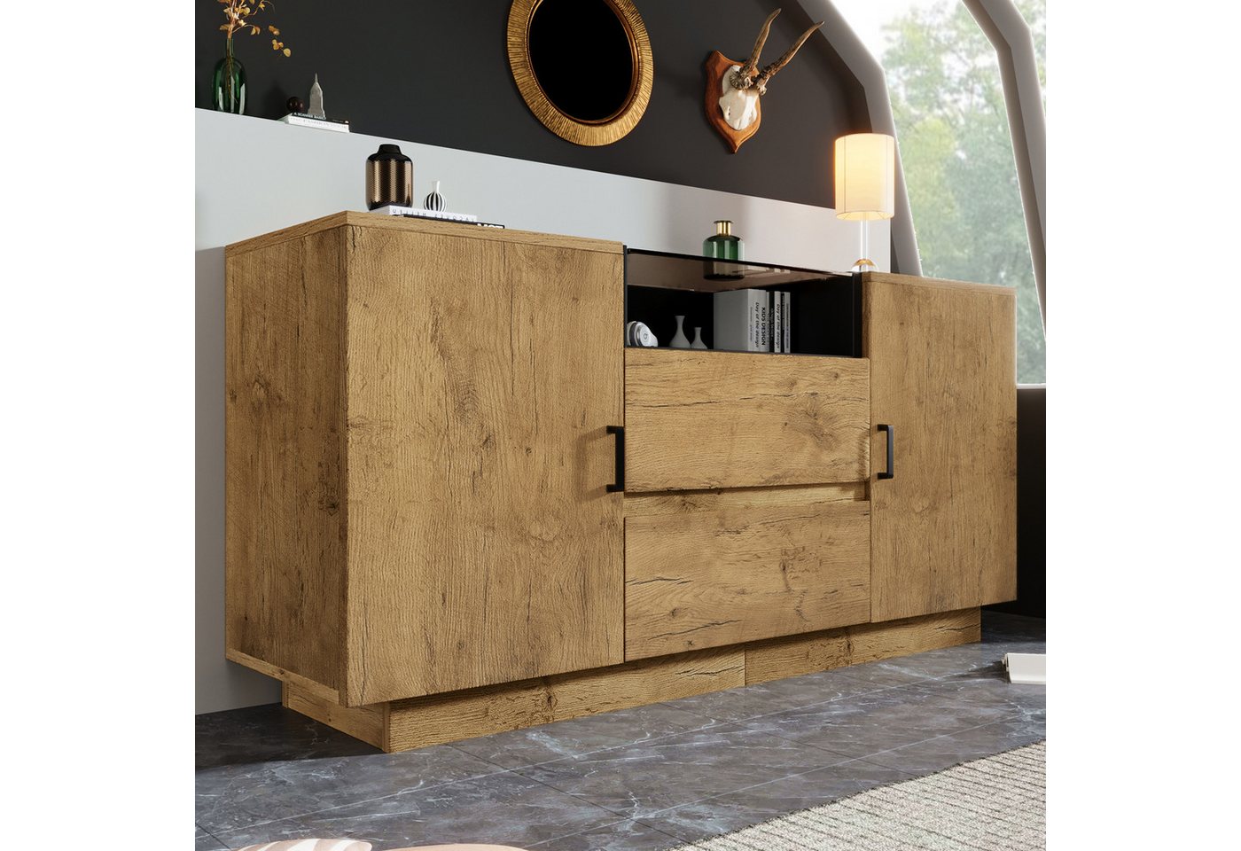 Flieks Kommode Mehrzweckschrank mit Schubladen und verstellbaren Einlegeböden (H70/B140/T40 cm, 1 St), Sideboard mit Glas-Arbeitsplatte Eichenoptik Holzschrank Wohnzimmer