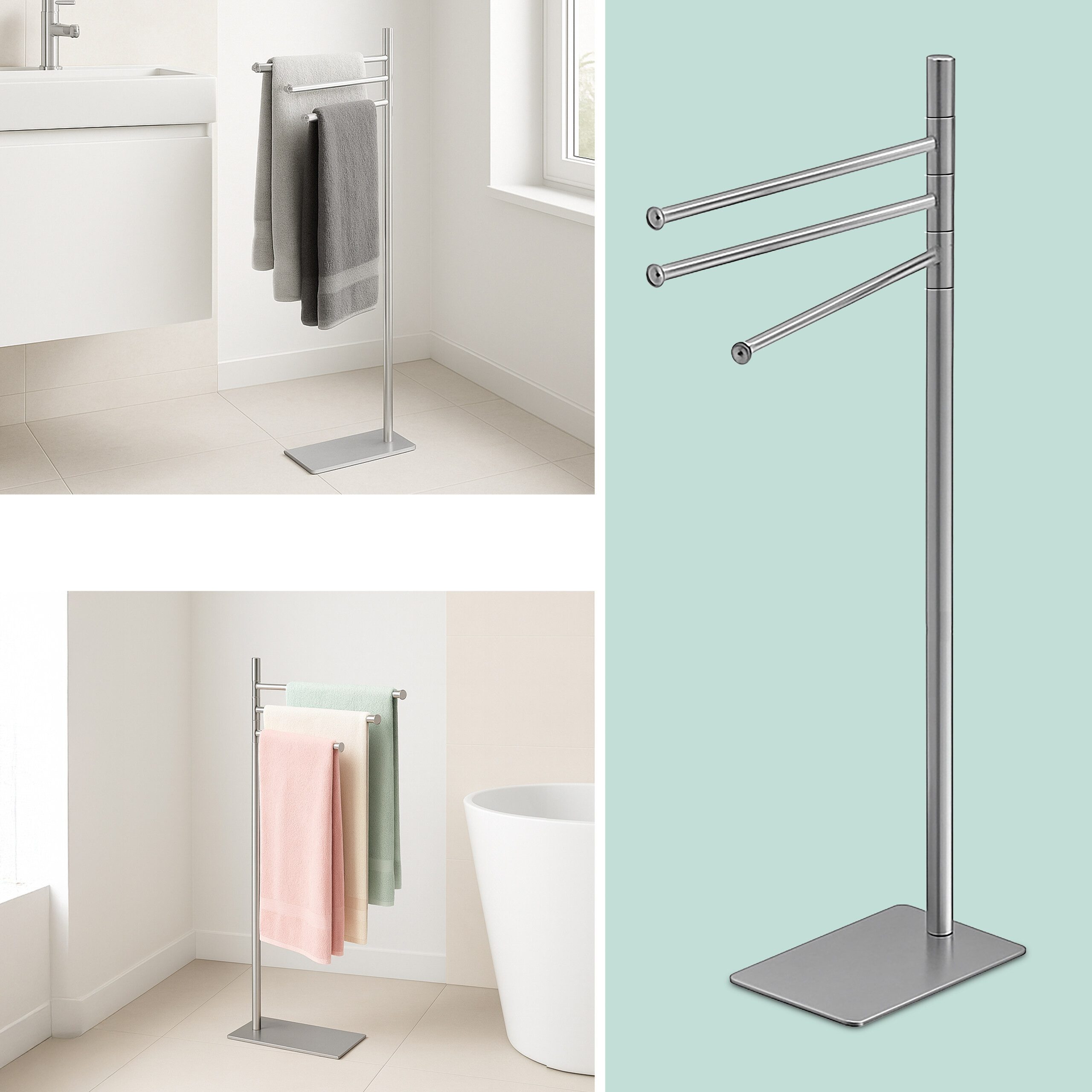 relaxdays Handtuchständer mit 3 Stange, silber