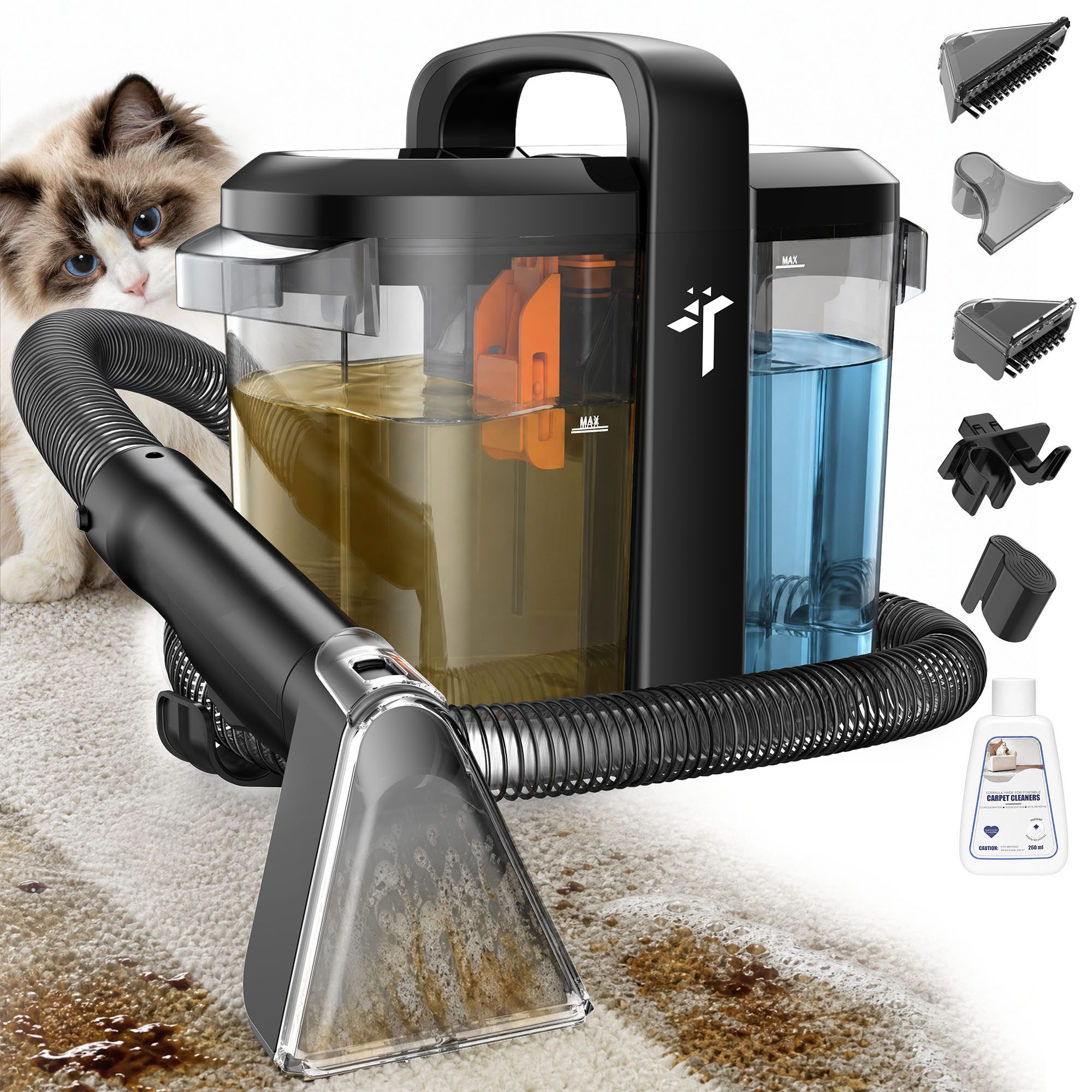 Teendow Wasch-Sauger Teppichreinigungsgerät Polsterreiniger Teppichreiniger Nasssauger Sofa, 600 W, Wassertank, 18.000 Pa Saugkraft, 1,55L+1,5L Trenntank, tragbarer Fleckenreiniger