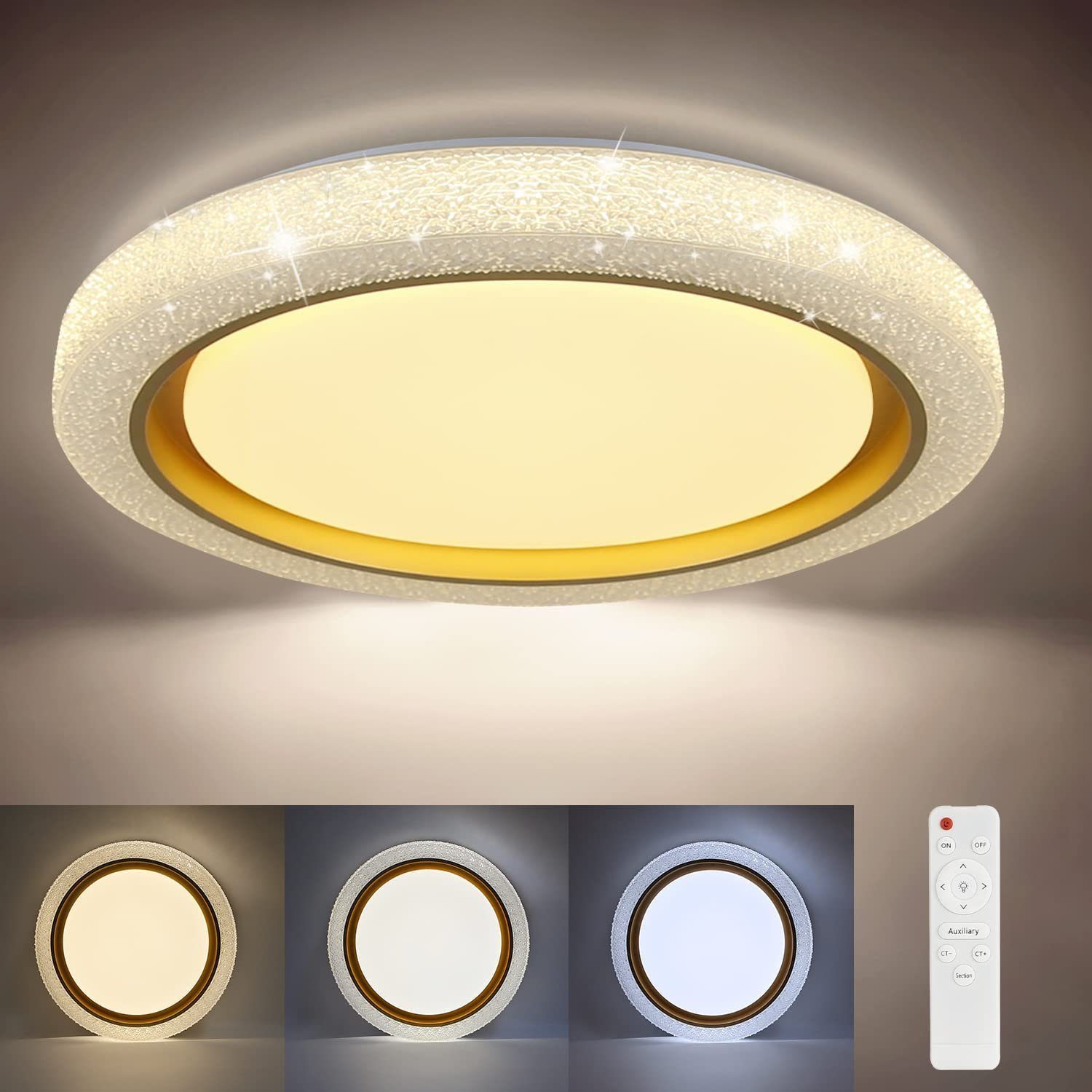 ZMH LED Lampe ∅40cm Deckenleuchte Dimmbar, Tageslichtweiß, LED mit Fernbedienung, fest Kristall integriert