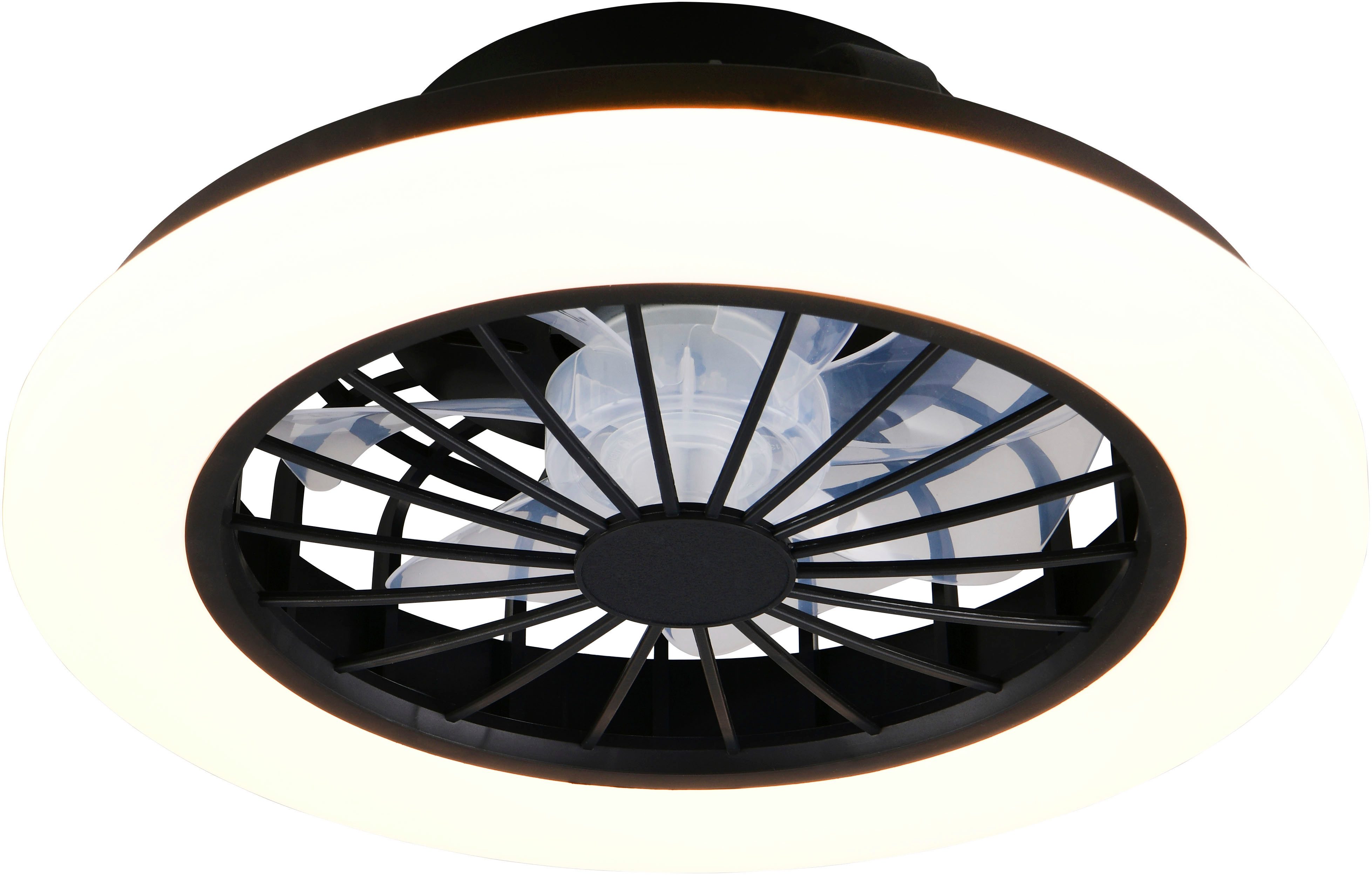 Reality Leuchten LED Deckenleuchte ROTSUND, Deckenventilator mit Licht Ø 38cm, inkl Fernbedienung, CCT - über Fernbedienung, Dimmfunktion, Memoryfunktion, Nachtlichtfunktion, Timerfunktion, Ventilatorfunktion, getrennt schaltbar, mehrere Helligkeitsstufen, LED fest integriert, Farbwechsler, warmweiß - kaltweiß, Ventilator mit 5 Stufen, Vor- & Rücklauf, LED mit CCT Timer Nachtlicht