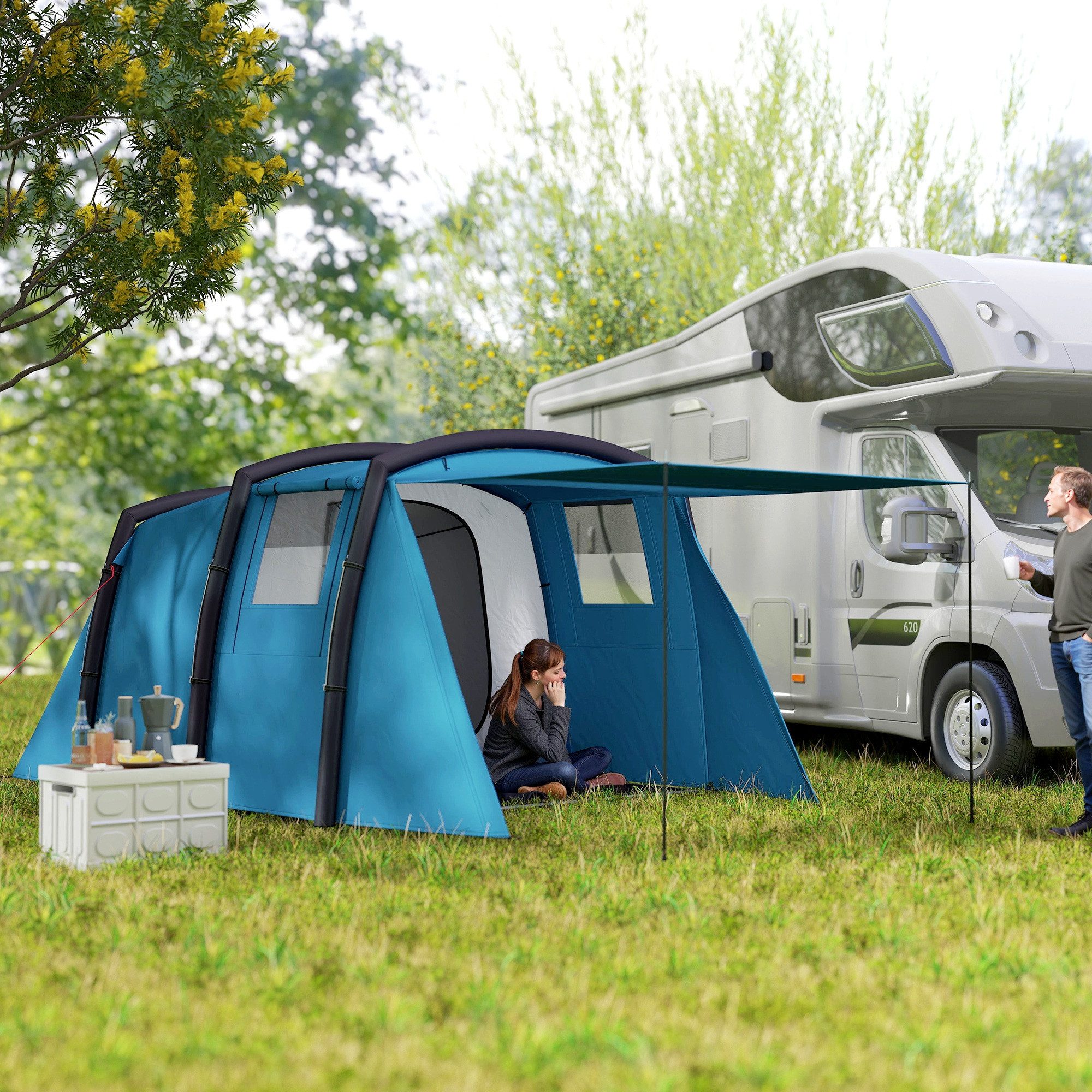 Outsunny aufblasbares Zelt Familienzelt, Luftzelt, mit Luftpumpe, schneller Aufbau, Personen: 3 (Campingzelt für 3 Personen, 1 tlg., Outdoor Tunnelzelt), UV50+, für 3 Jahreszeiten, Winddicht, Glamping Zelt