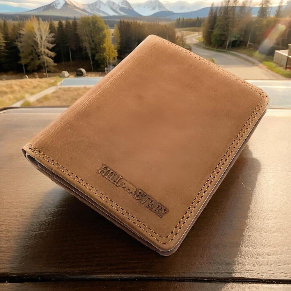 Hill Burry Geldbörse echt Leder Herren Portemonnaie mit RFID Schutz, gewachstes Rindleder, flach gearbeitet, cognac braun