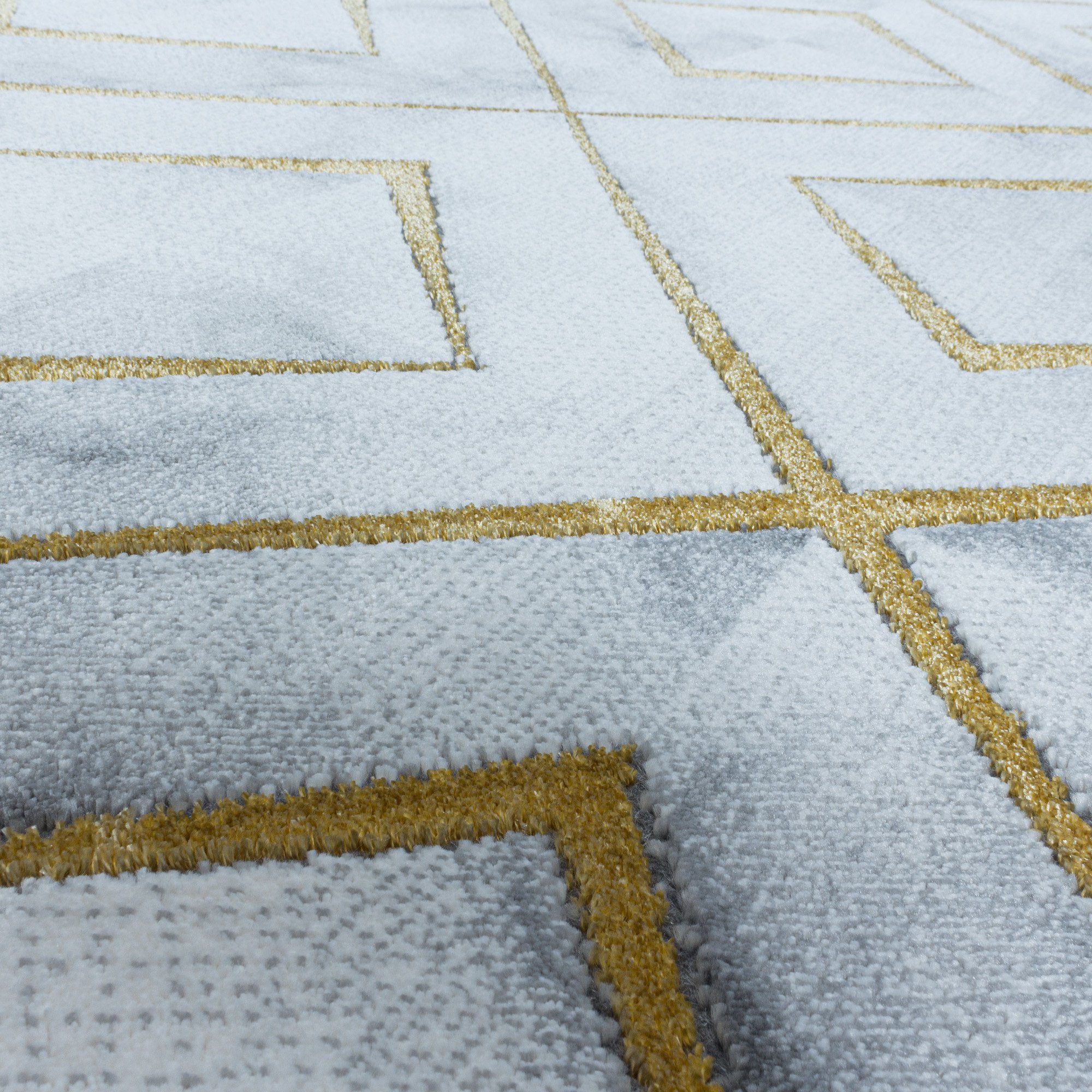 Marmoroptik Flachflorteppich Wohnzimmer Giancasa Muster, Gold Kurzflorteppich Designteppich