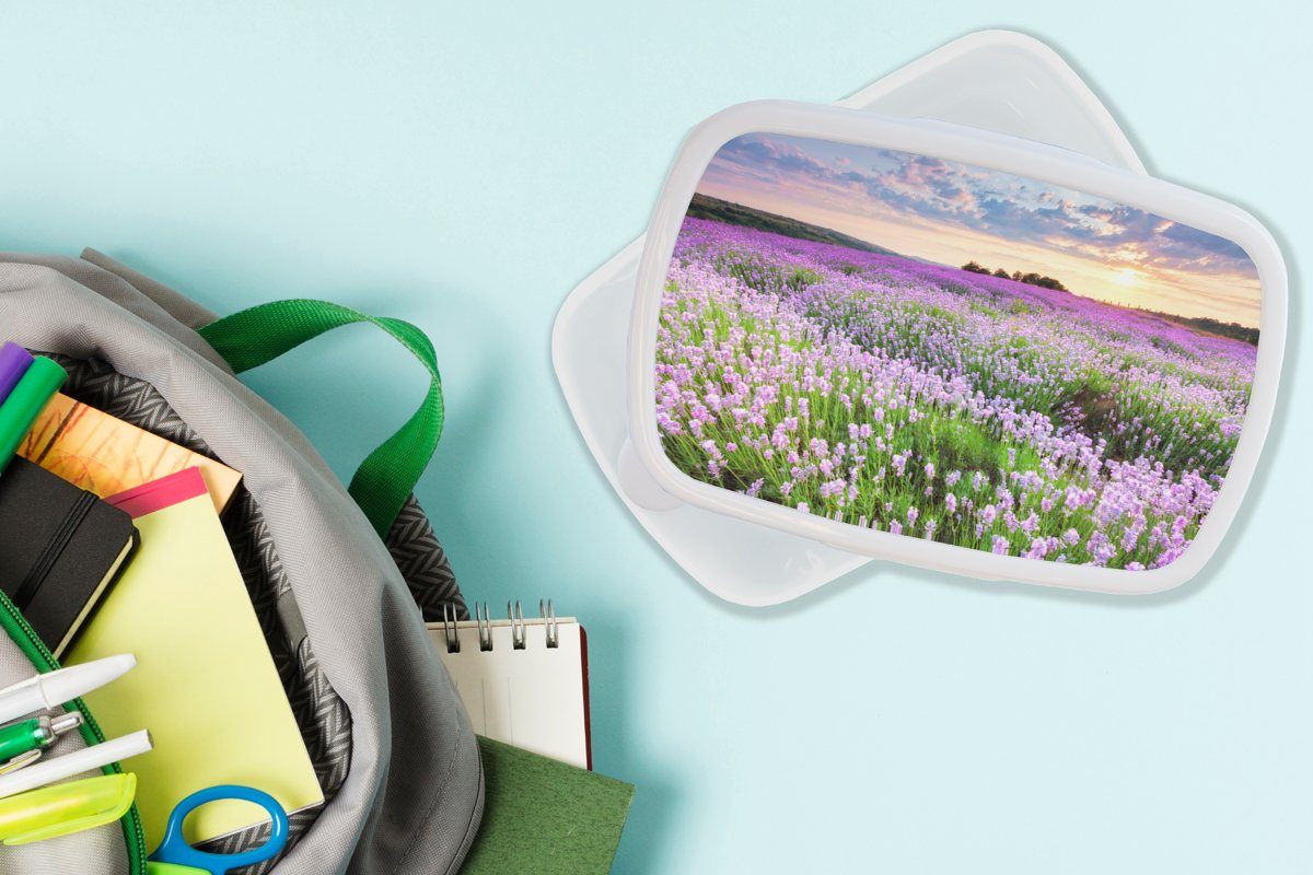 weiß - - Kunststoff, Brotbox (2-tlg), Brotdose, Himmel - - und - Kinder Natur, und Mädchen Lunchbox Erwachsene, Lila MuchoWow für für Sonnenuntergang Jungs Blumen Lavendel - Wiese