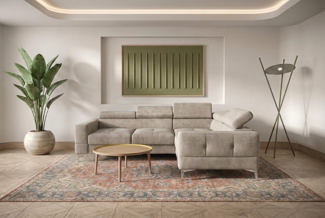 Friderik-EU Ecksofa Toscania 250x180 cm, Schlaffunktion, verstellbare Kopfstützen, T35- & HR-Schaum