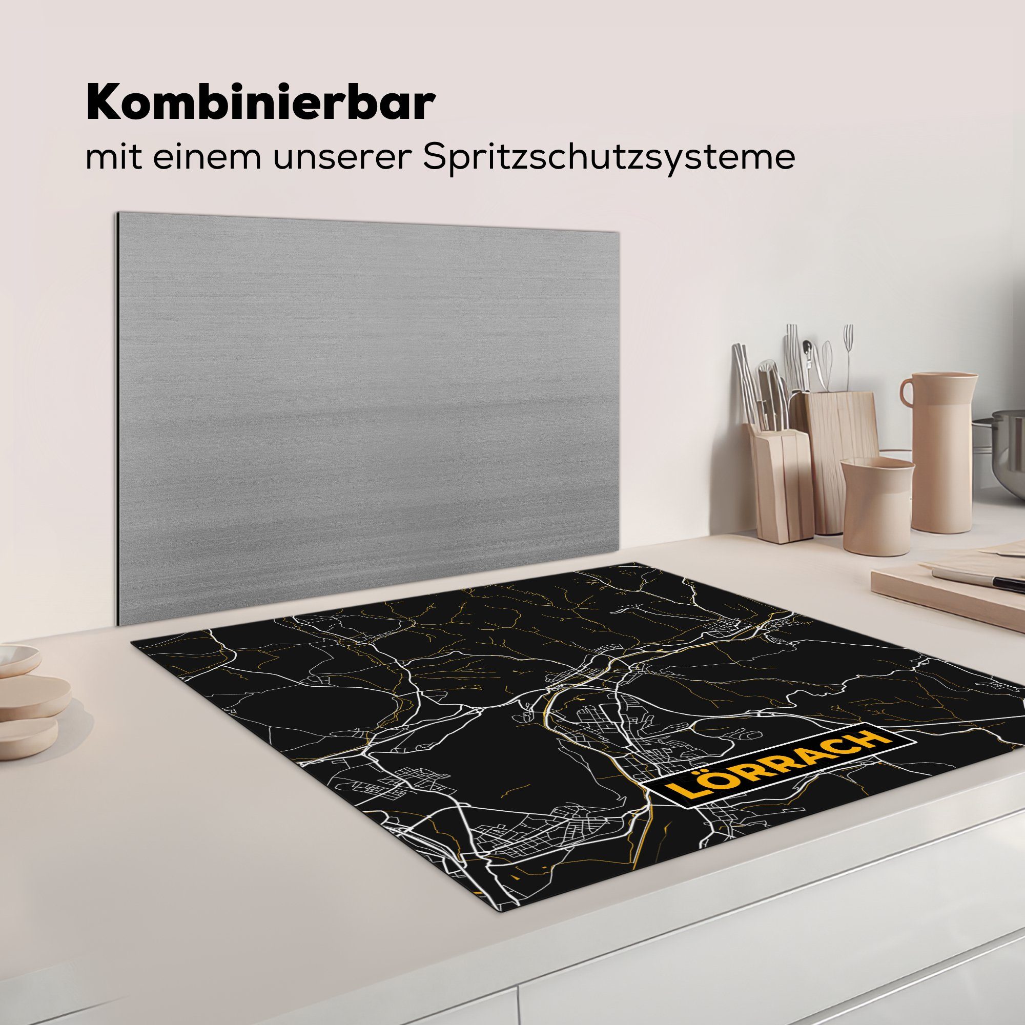 (1 für - Lörrach Arbeitsplatte 78x78 - Karte Stadtplan küche Karte, - cm, Vinyl, Deutschland Ceranfeldabdeckung, Gold - MuchoWow Herdblende-/Abdeckplatte - tlg),