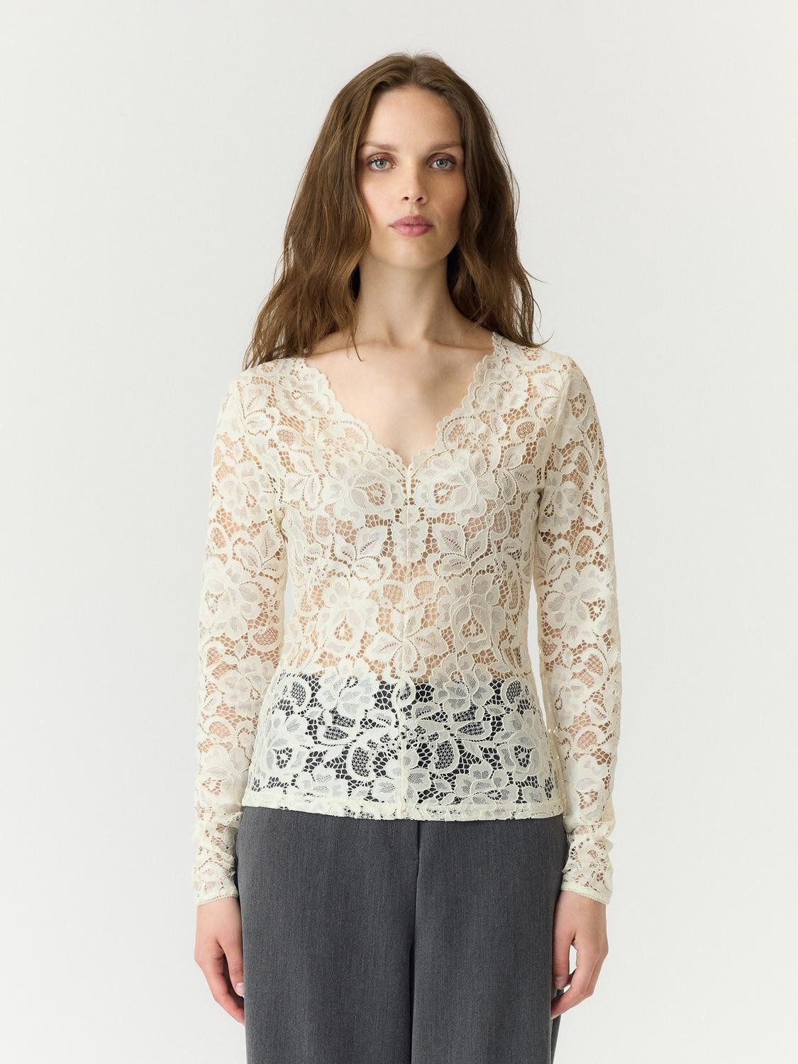 Y.A.S Langarmshirt YASLACEY LS LACE TOP S. NOOS Materialmix, slim fit
