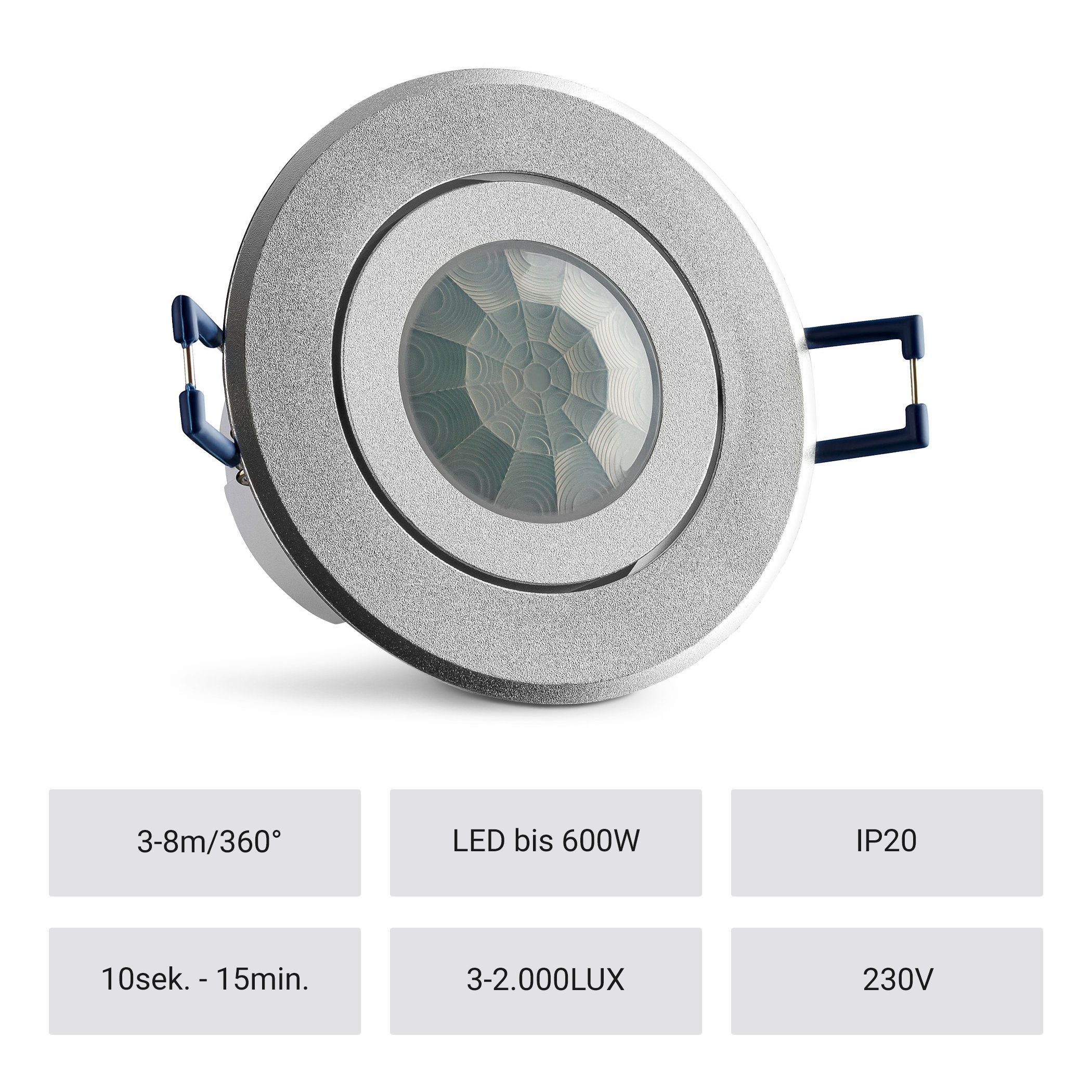 SEBSON Bewegungsmelder Infrarot Sensor Unterputz Decke - programmierbar Reichweite 8m 360°, (1-St), Einbauloch Ø65-75mm, LED geeignet 600W, IP20, 230V, 3 Draht