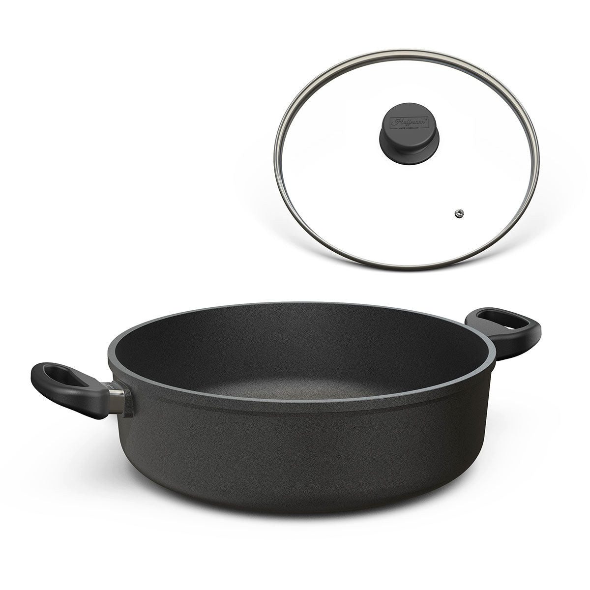 Hoffmann Germany Bräter Aluguss rund Ø 32 cm mit Glasdeckel – Made in Germany, Aluguss (Set, 2-tlg., 1x Bräter Ø 32 cm + 1x Glasdeckel), Antihaft, backofenfest bis 240°C, rund, Induktion