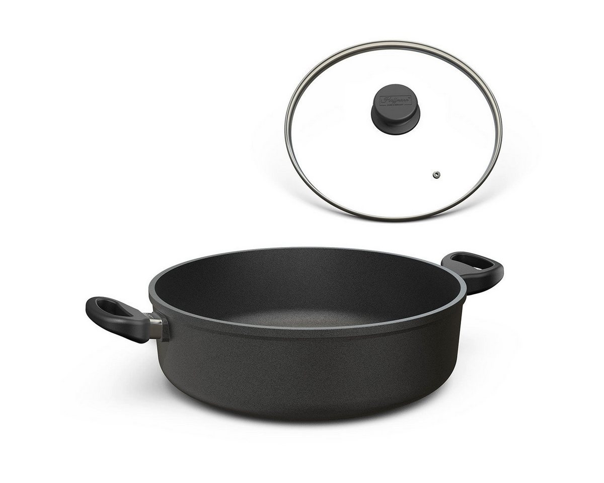 Hoffmann Germany Bräter Aluguss rund Ø 32 cm mit Glasdeckel – Made in Germany, Aluguss (Set, 2-tlg., 1x Bräter Ø 32 cm + 1x Glasdeckel), Antihaft, backofenfest bis 240°C, rund, Induktion
