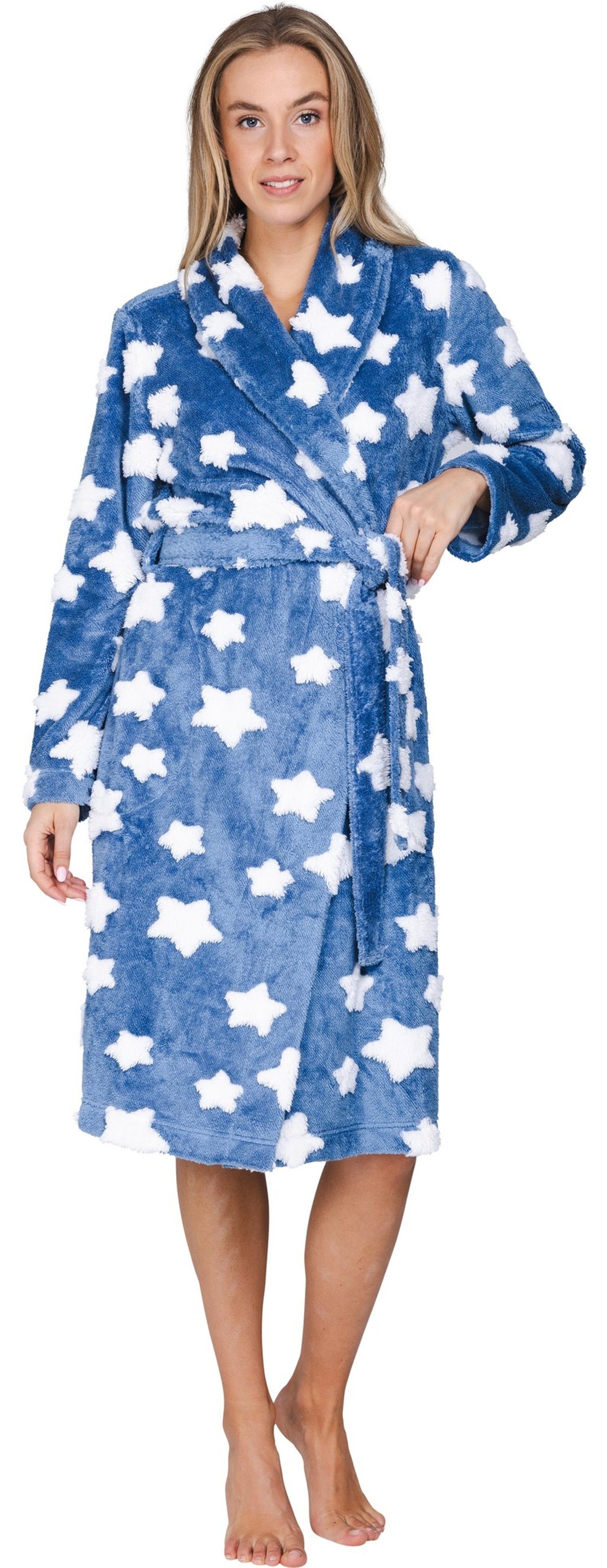 Rebelle Damenbademantel Damen Morgenmantel Sterne, Polyester, Schalkragen, Gürtel, modisch