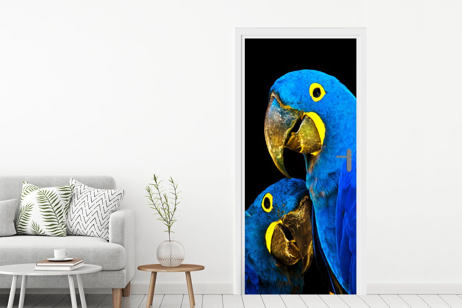 - - (1 Fototapete MuchoWow 75x205 Vogel - St), Papagei Blau, Türaufkleber, für Matt, bedruckt, Türtapete Federn Tür, cm