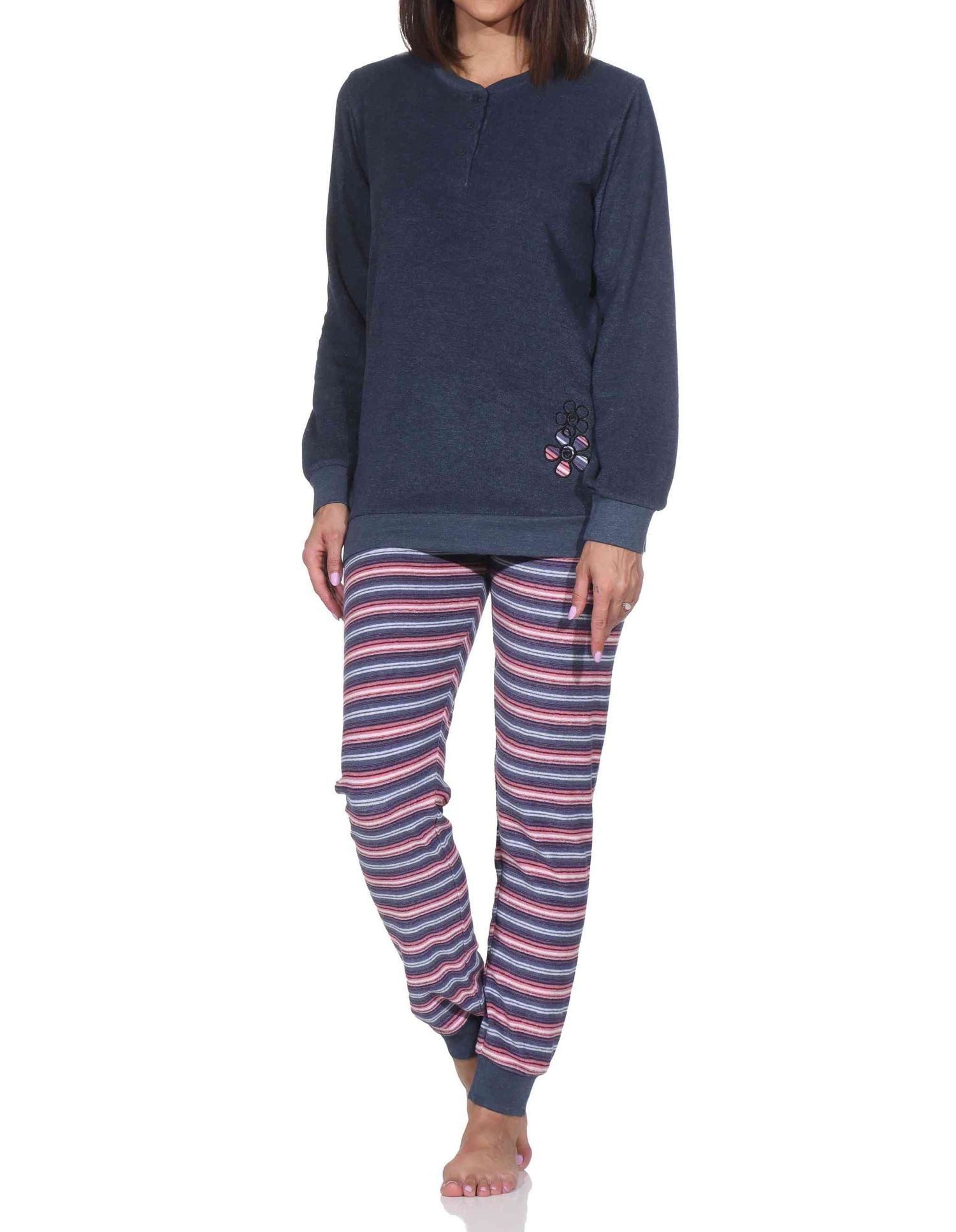 Pyjama Normann Damen Frottee Schlafanzug langarm mit Bündchen Hose gestreift