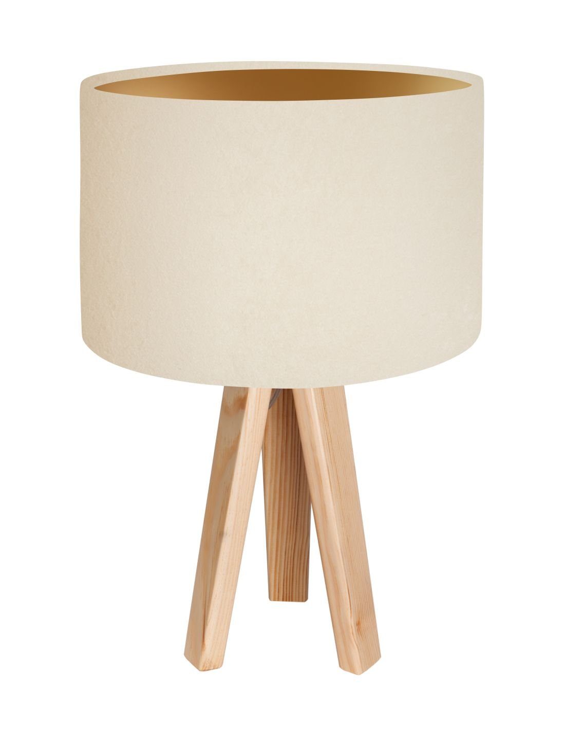 Licht-Erlebnisse Nachttischlampe AYLMER, ohne Leuchtmittel, Tischlampe  Creme Gold Retro Dreibein 46cm Holz