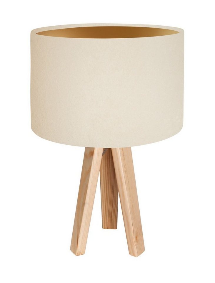 Licht-Erlebnisse Nachttischlampe AYLMER, ohne Leuchtmittel, Tischlampe  Creme Gold Retro Dreibein 46cm Holz