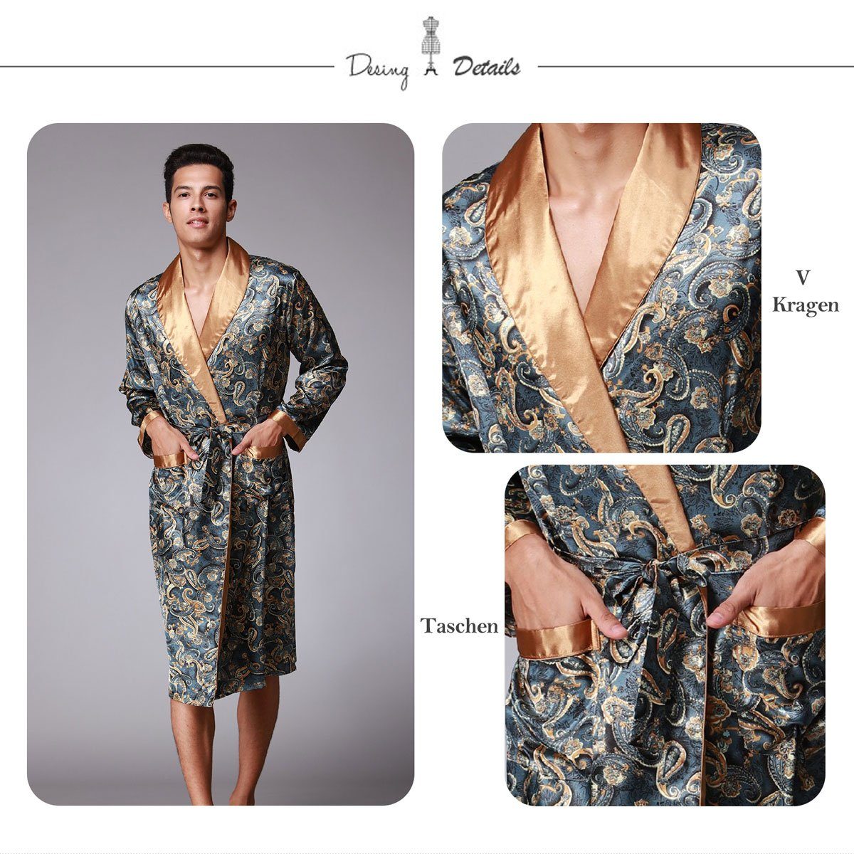 Vivi Idee Morgenmantel Herren Schlafmantel Bademantel kimono lang leicht satin Sauna