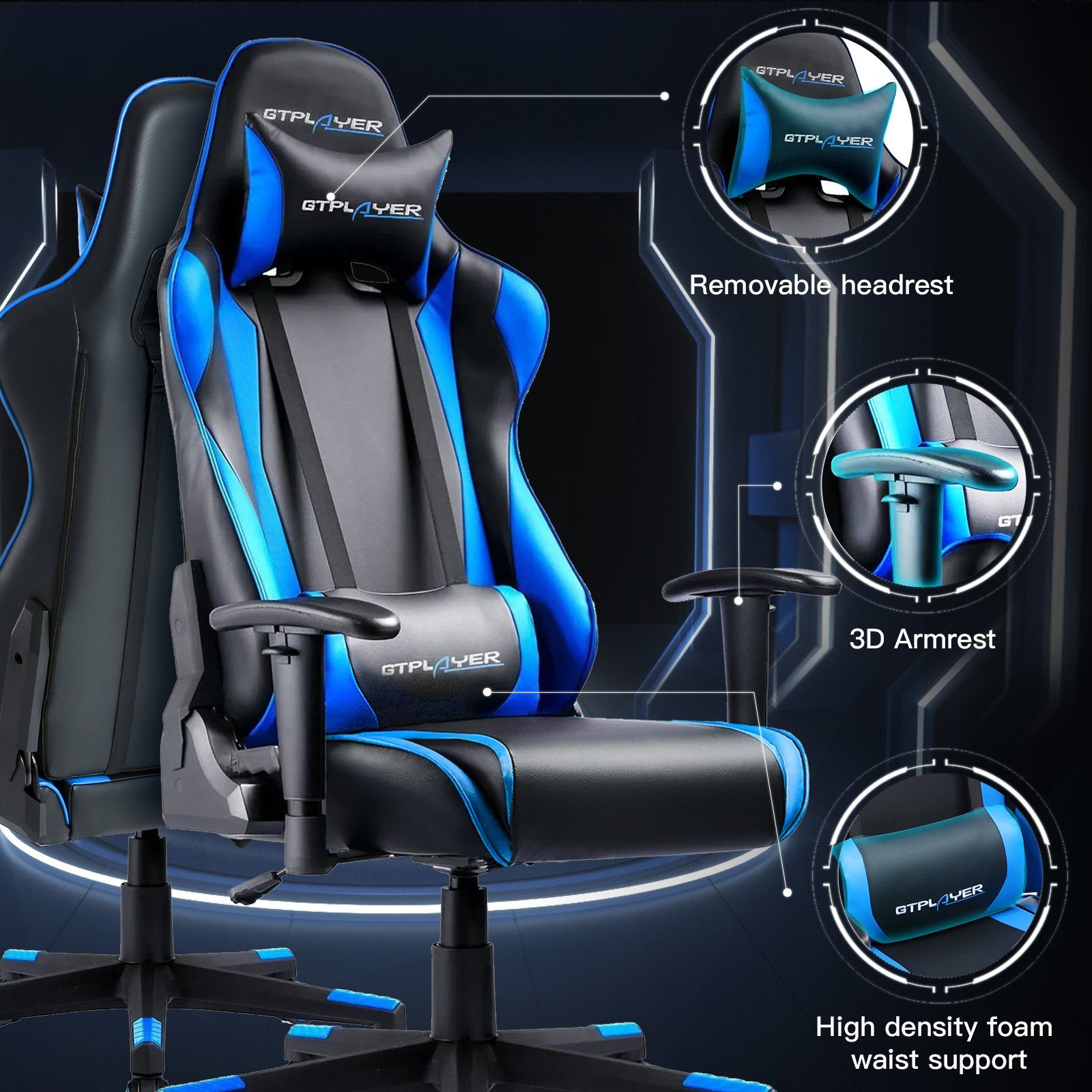 Bürostuhl und function reclining Gaming-Stuhl supports Nackenkissen, waist GTPLAYER Design The inkl. the blau Ergonomische Lenden-